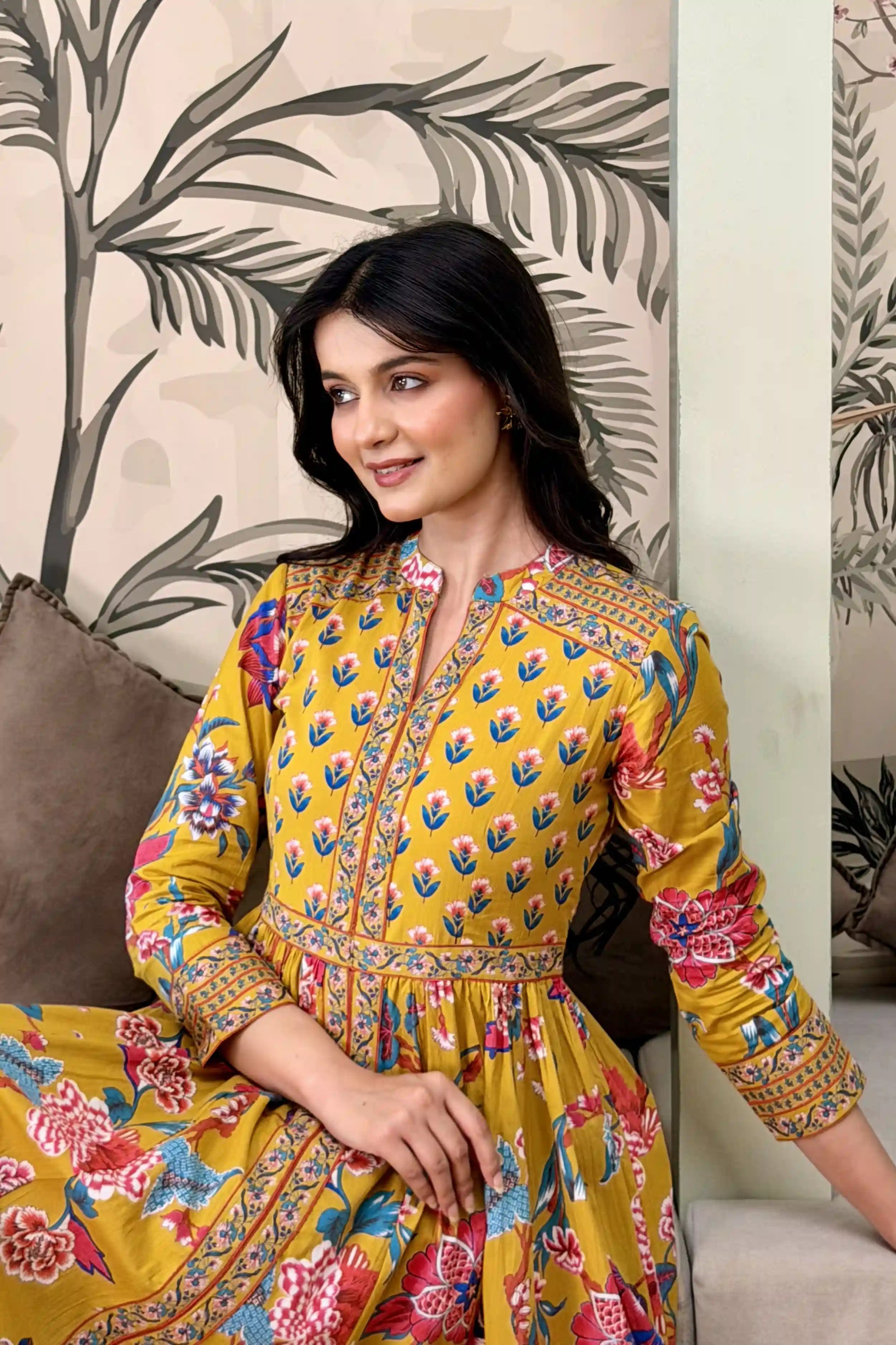 Mustard Anarkali Cotton Hand Block Printed Ethnic Maxi Dress