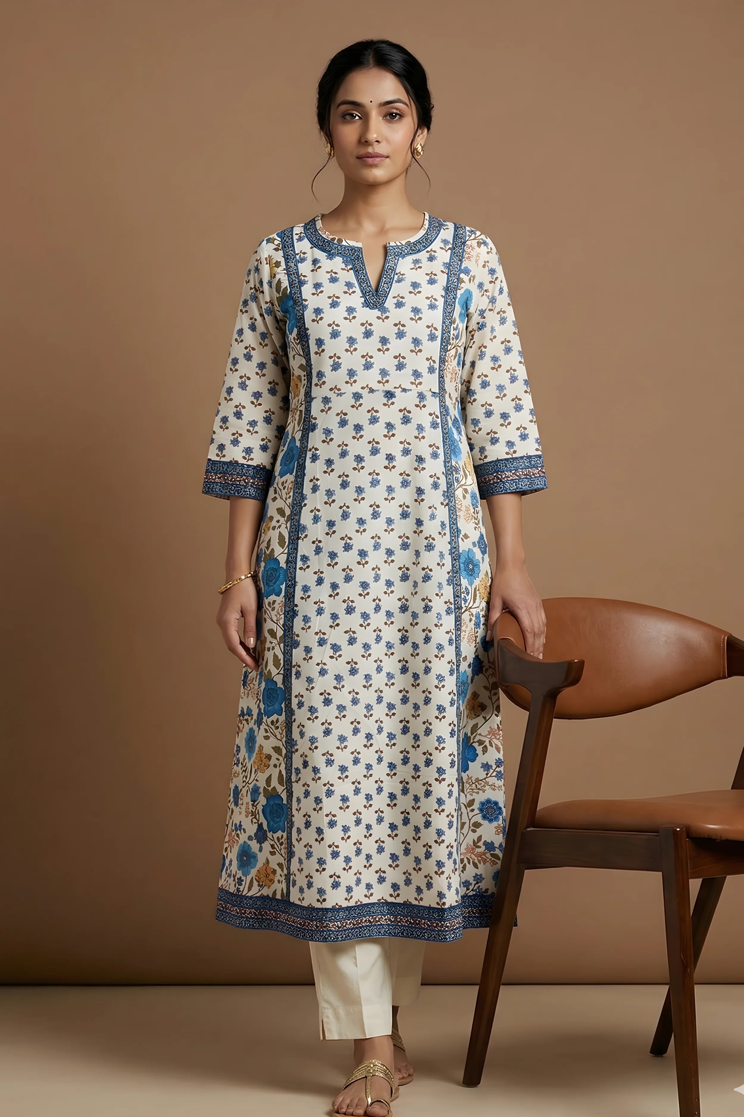 Blue Hand Printed A-line Kurta