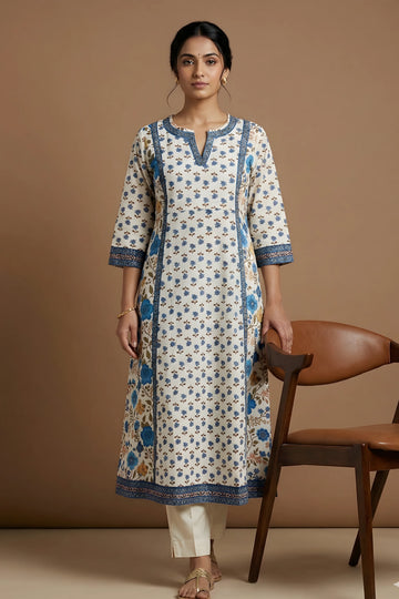 Blue Hand Printed A-line Kurta