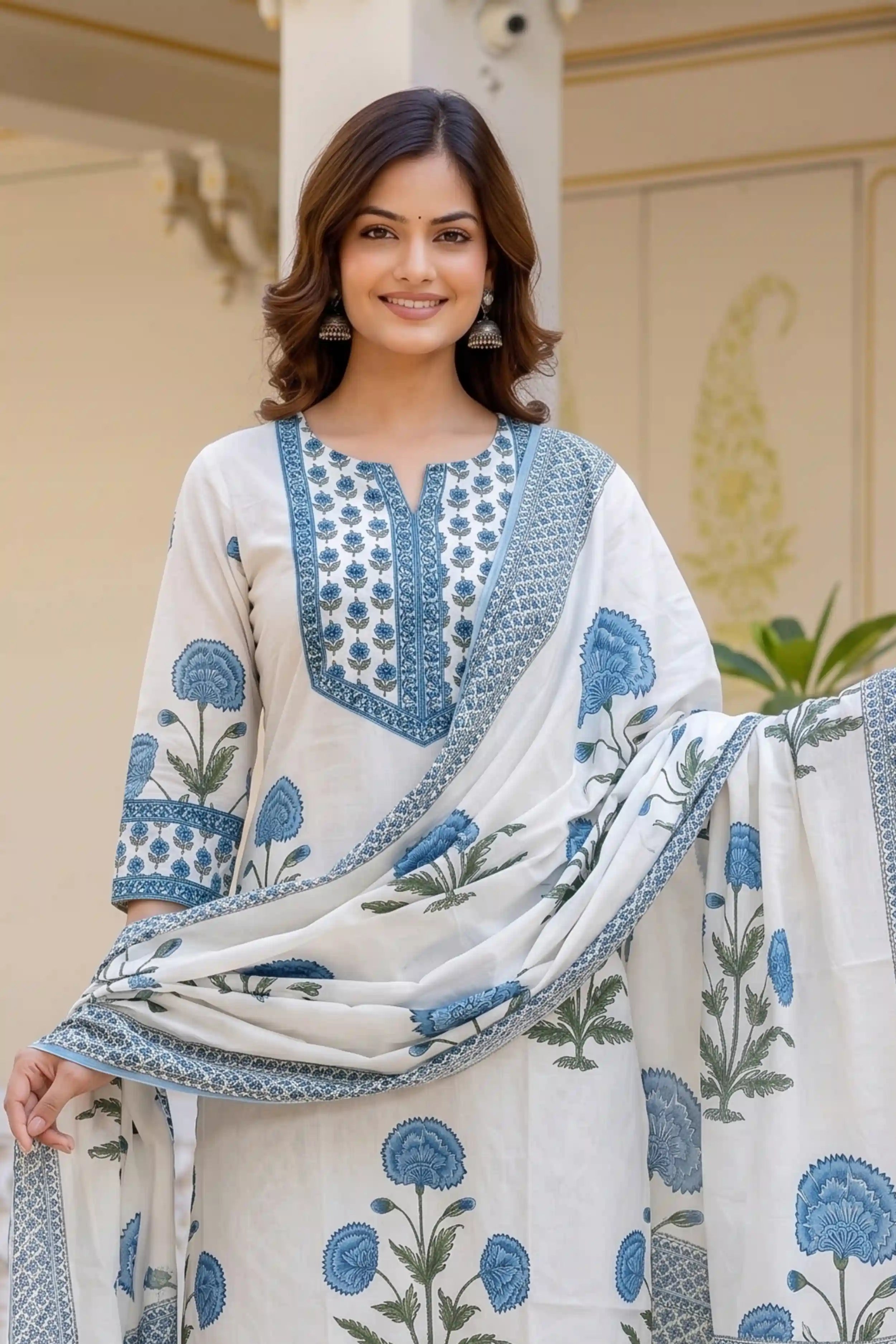 Sky Blue Straight Kurta Set with Cotton Dupatta