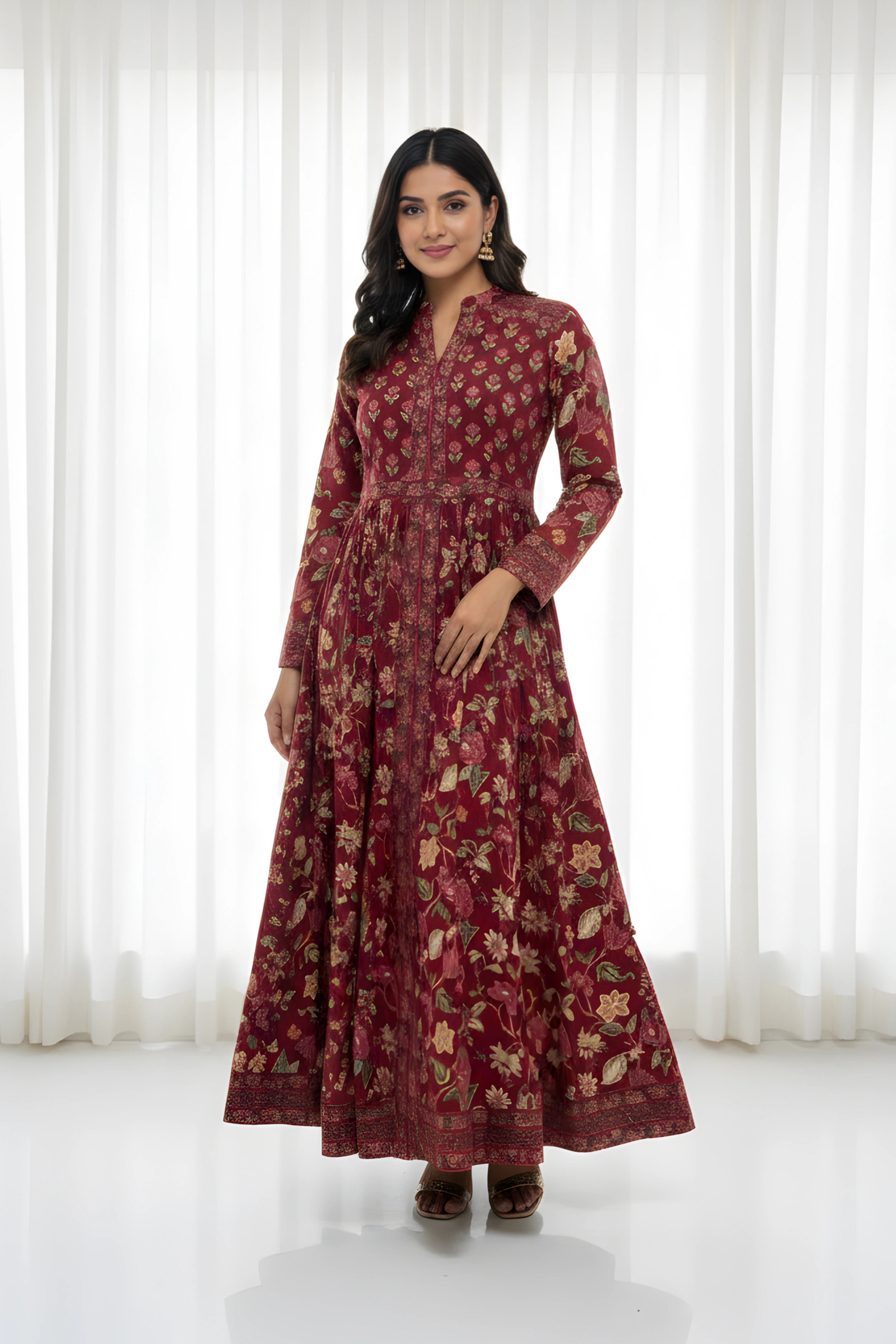 Wine Anarkali Cotton Hand Block Printed Ethnic Maxi Dress