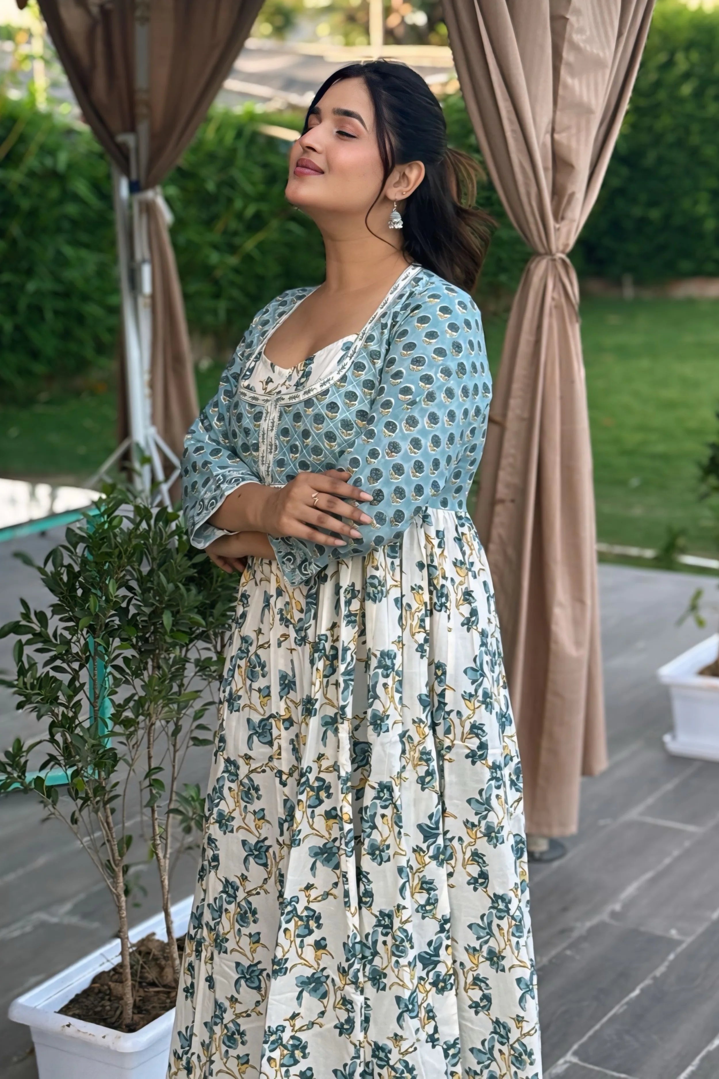 Sea Green Hand Block Floral Printed Anarkali Maxi Kurta