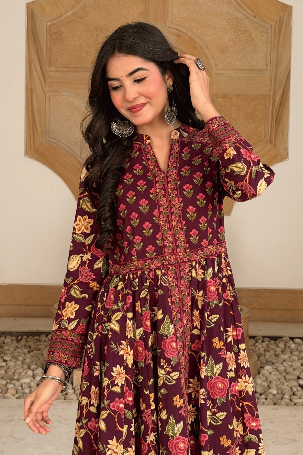 Burgundy Anarkali Cotton Hand Block Printed Ethnic Maxi Dress