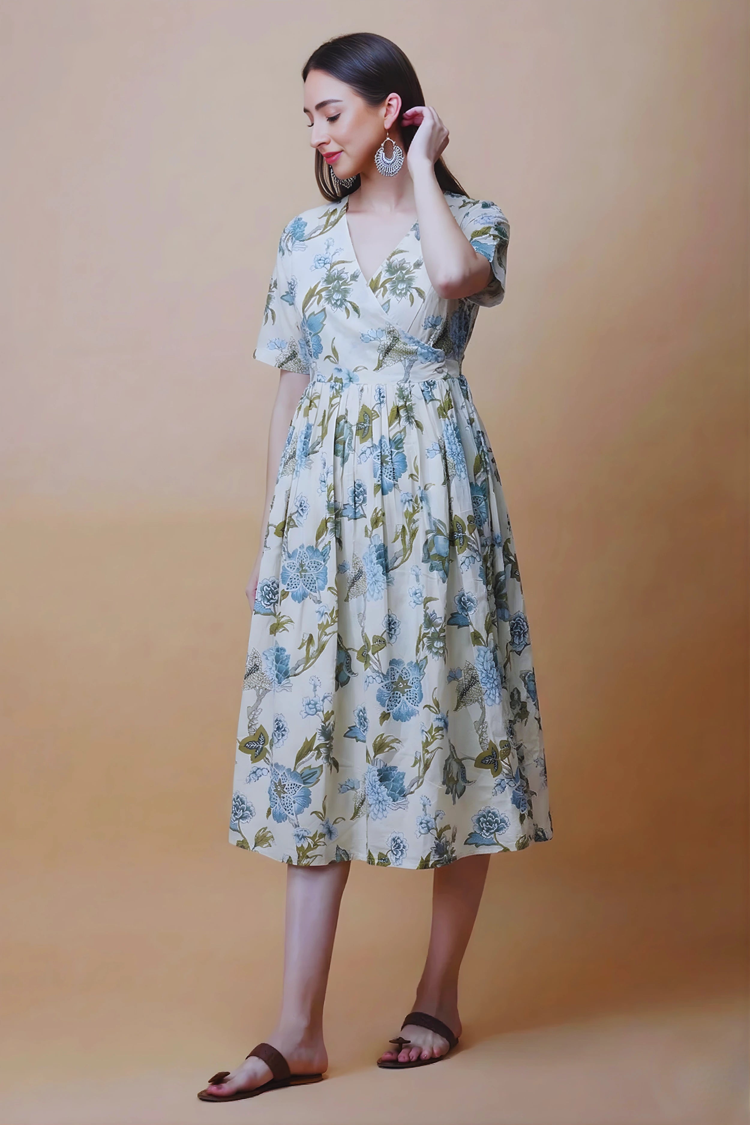 Blue Hand Printed V-Neck Midi Dress In Angrakha style