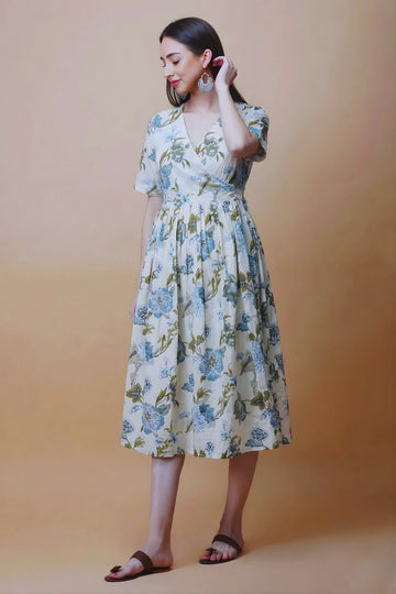 Blue Hand Printed V-Neck Midi Dress In Angrakha style