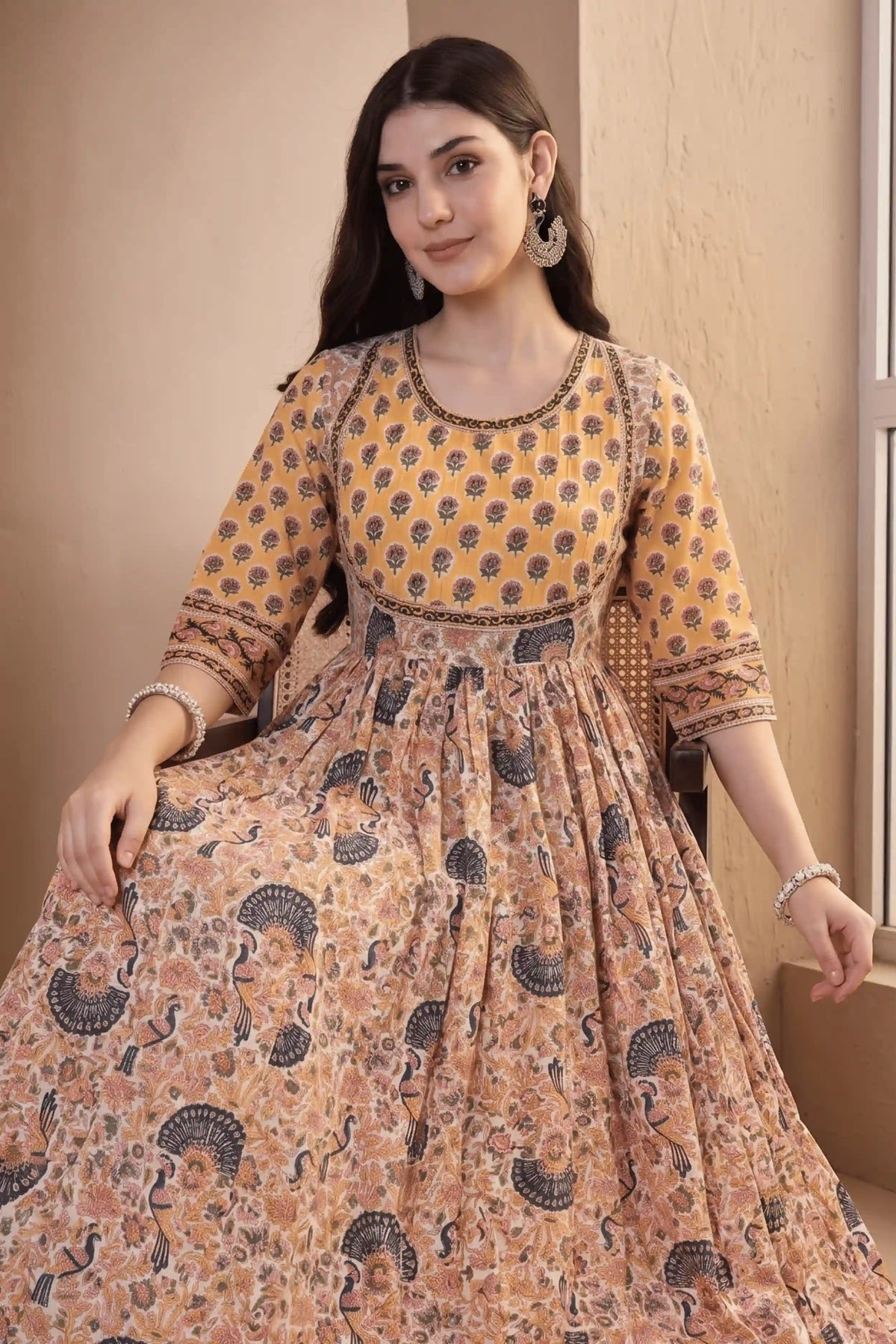 Yellow Hand Block Printed Anarkali Dress with Peacock Motifs