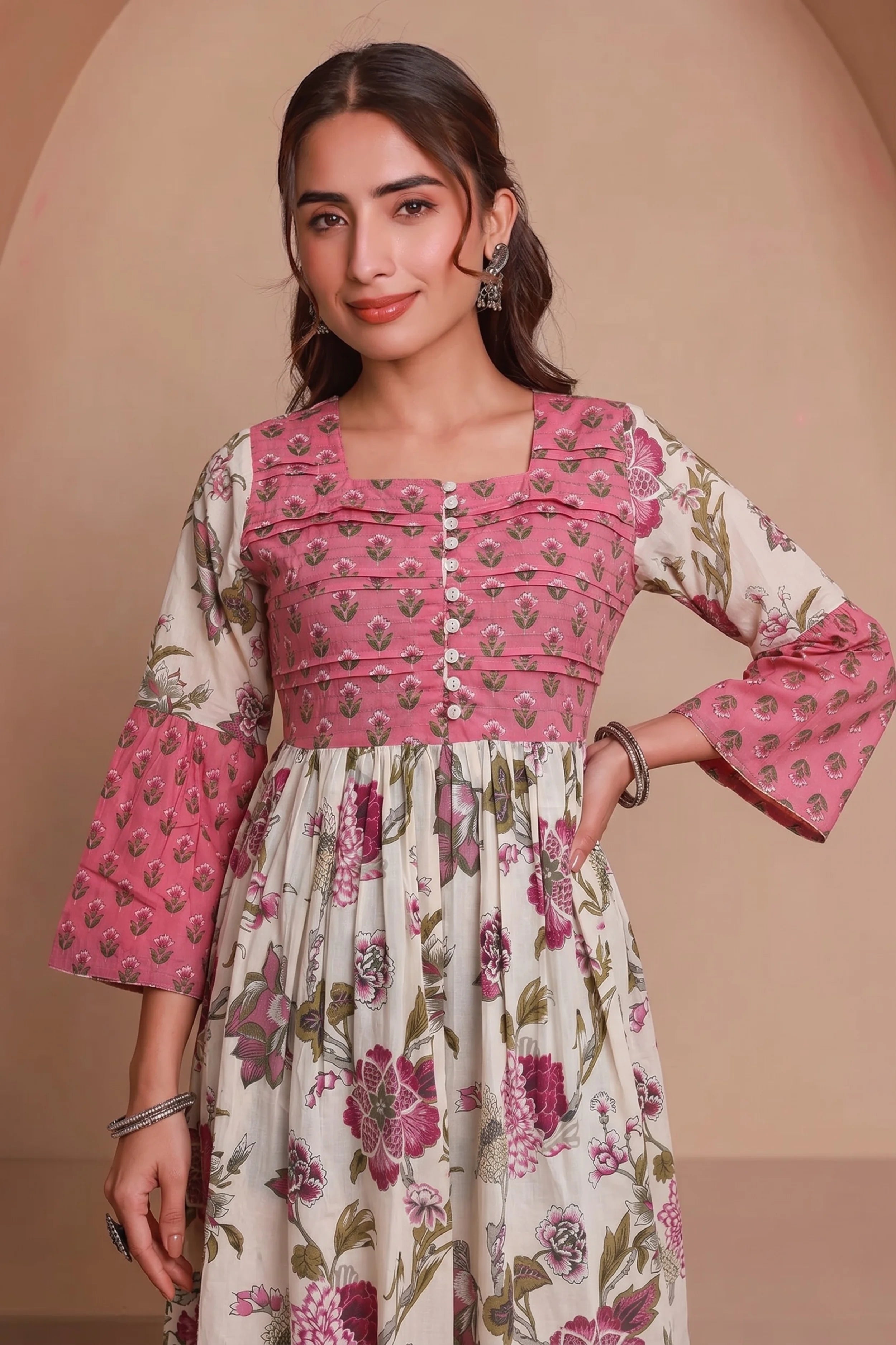 Pink Hand Printed Floral Midi Dress with Square Neck