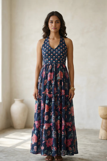 Blue Floral Hand Printed Halter Maxi Dress