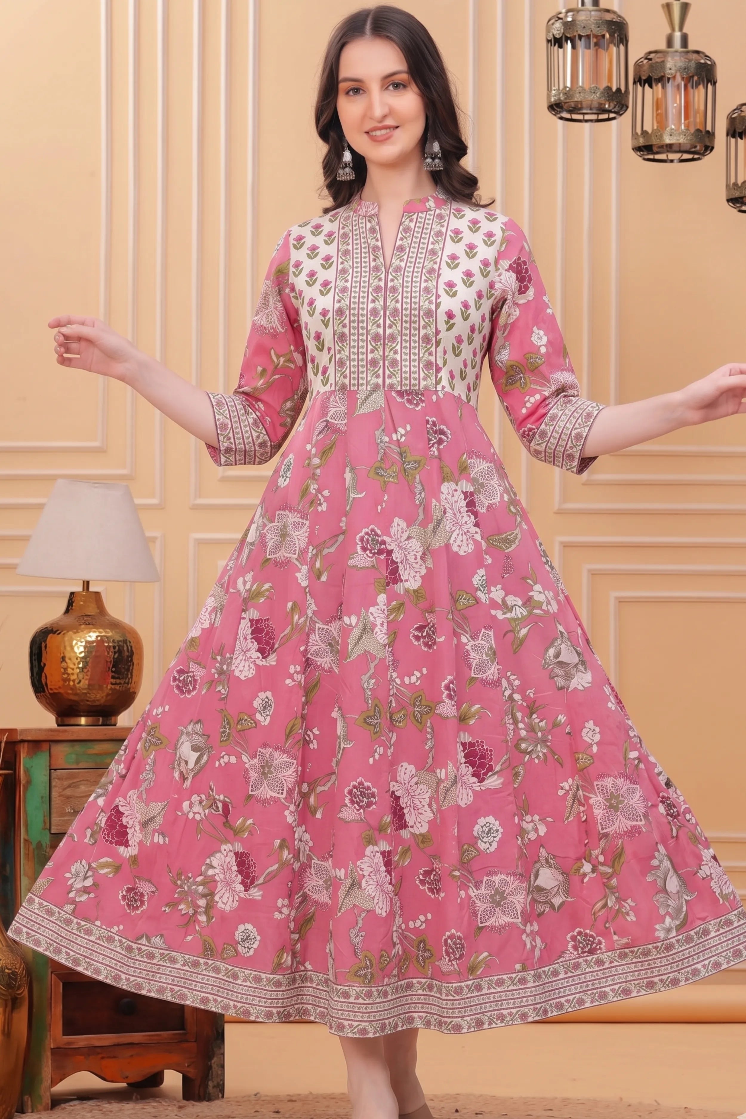 Pink Floral Hand Printed Anarkali Maxi Dress
