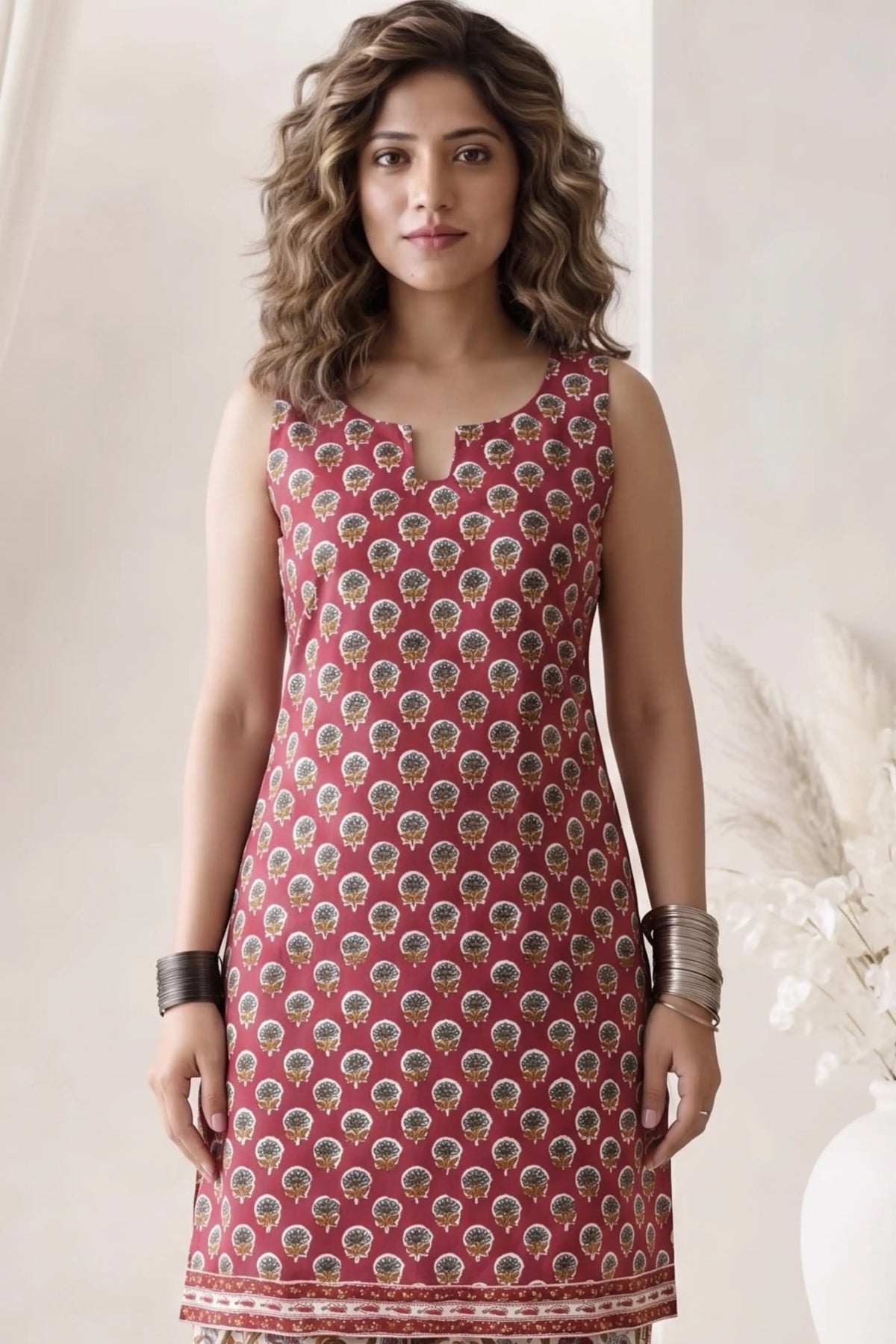 Red Sleeveless Round Neck Kurti with Trouser