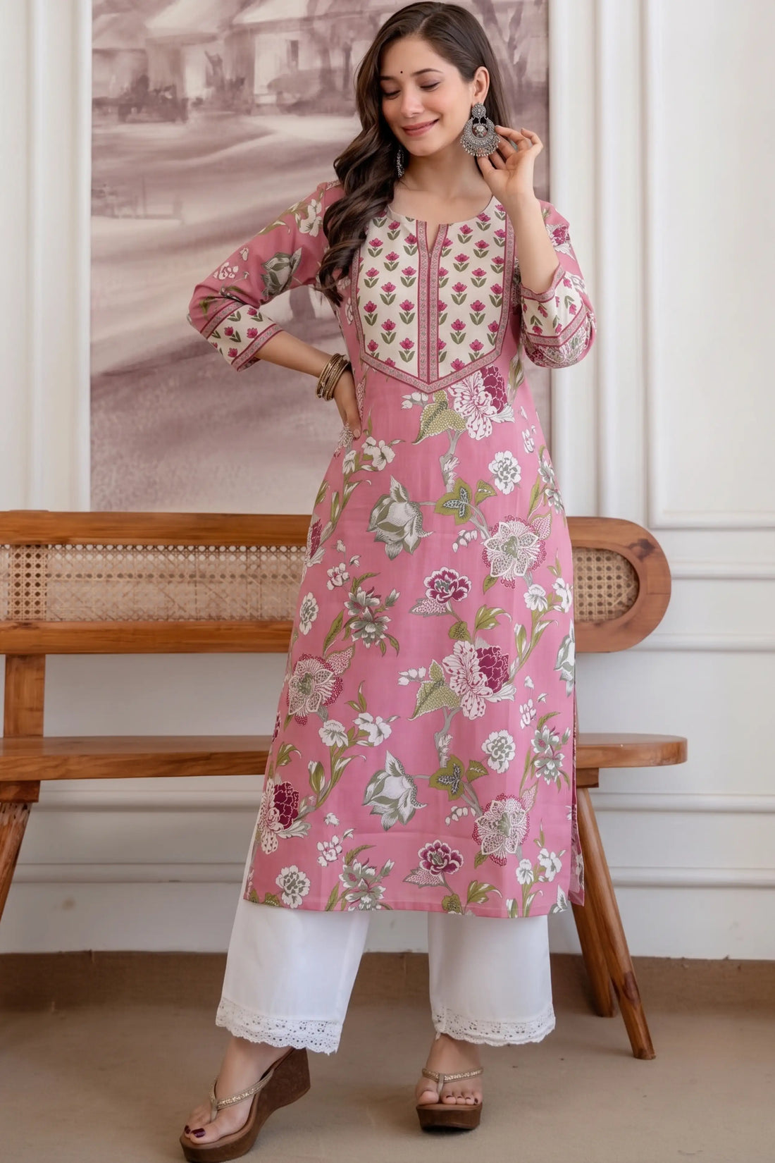 Cream Pink Hand Printed Straight cotton Kurta