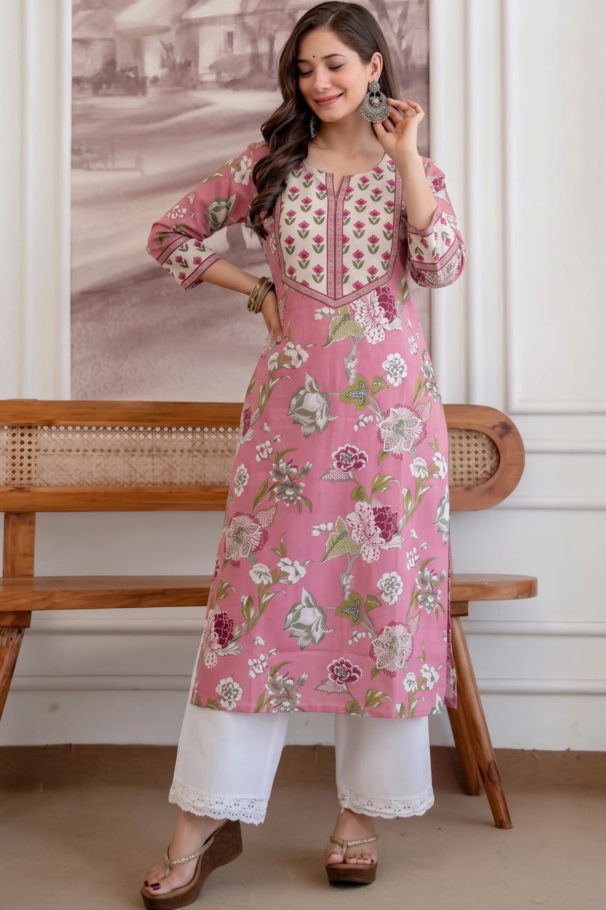 Cream Pink Hand Printed Straight cotton Kurta