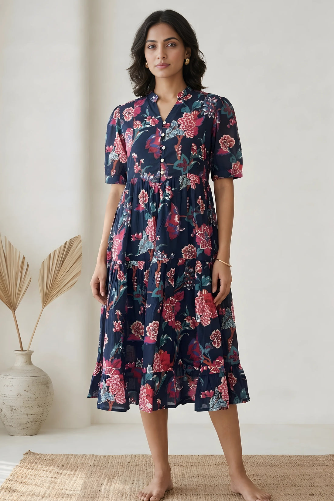 Blue Floral Printed Tiered Fit & Flare Cinderella Dress