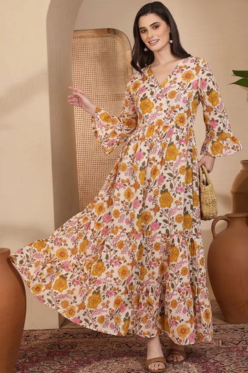 Yellow Long Printed Tired Dress With Gather
