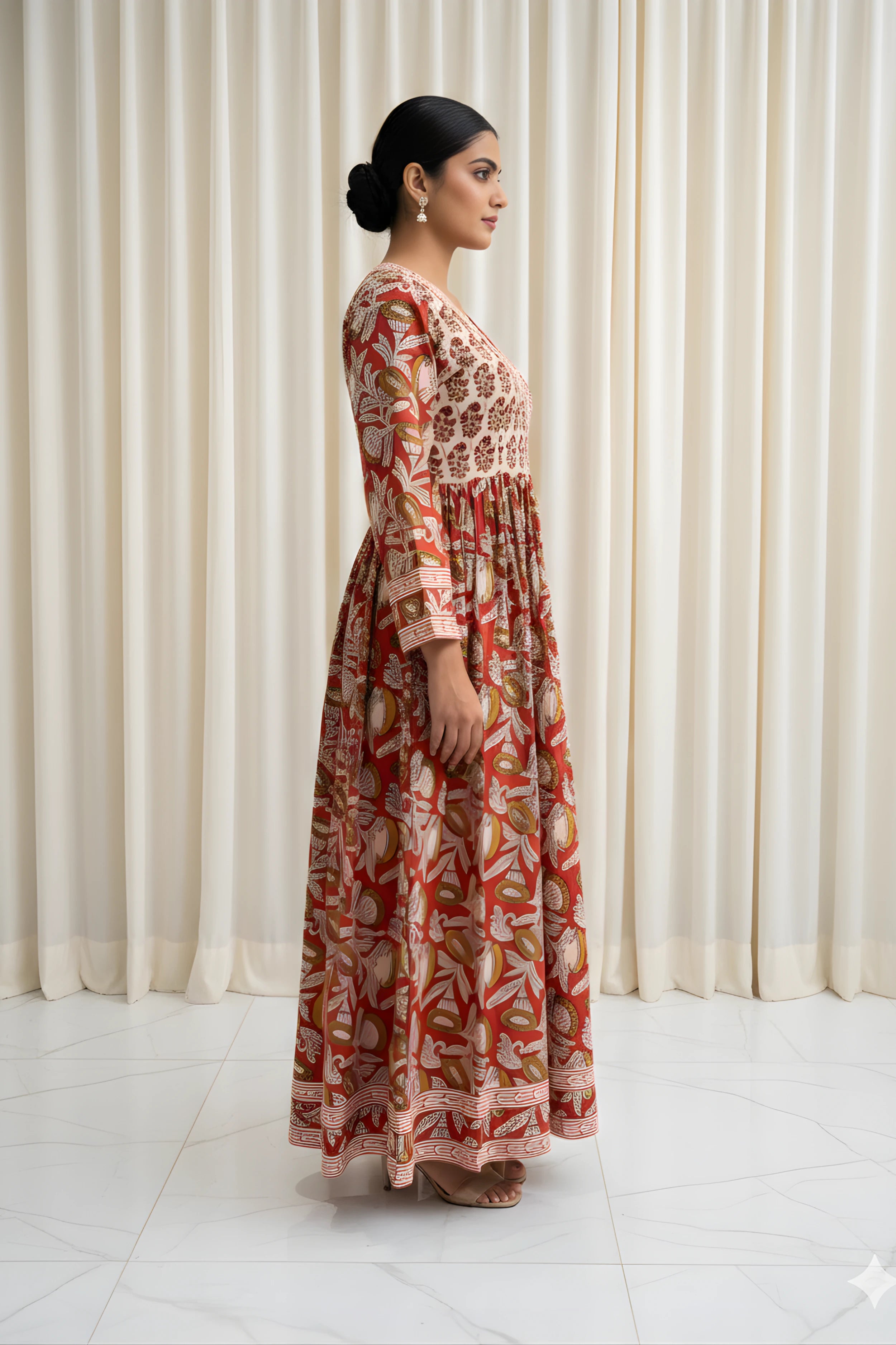 Rust Red Hand Block Printed Anarkali kurta