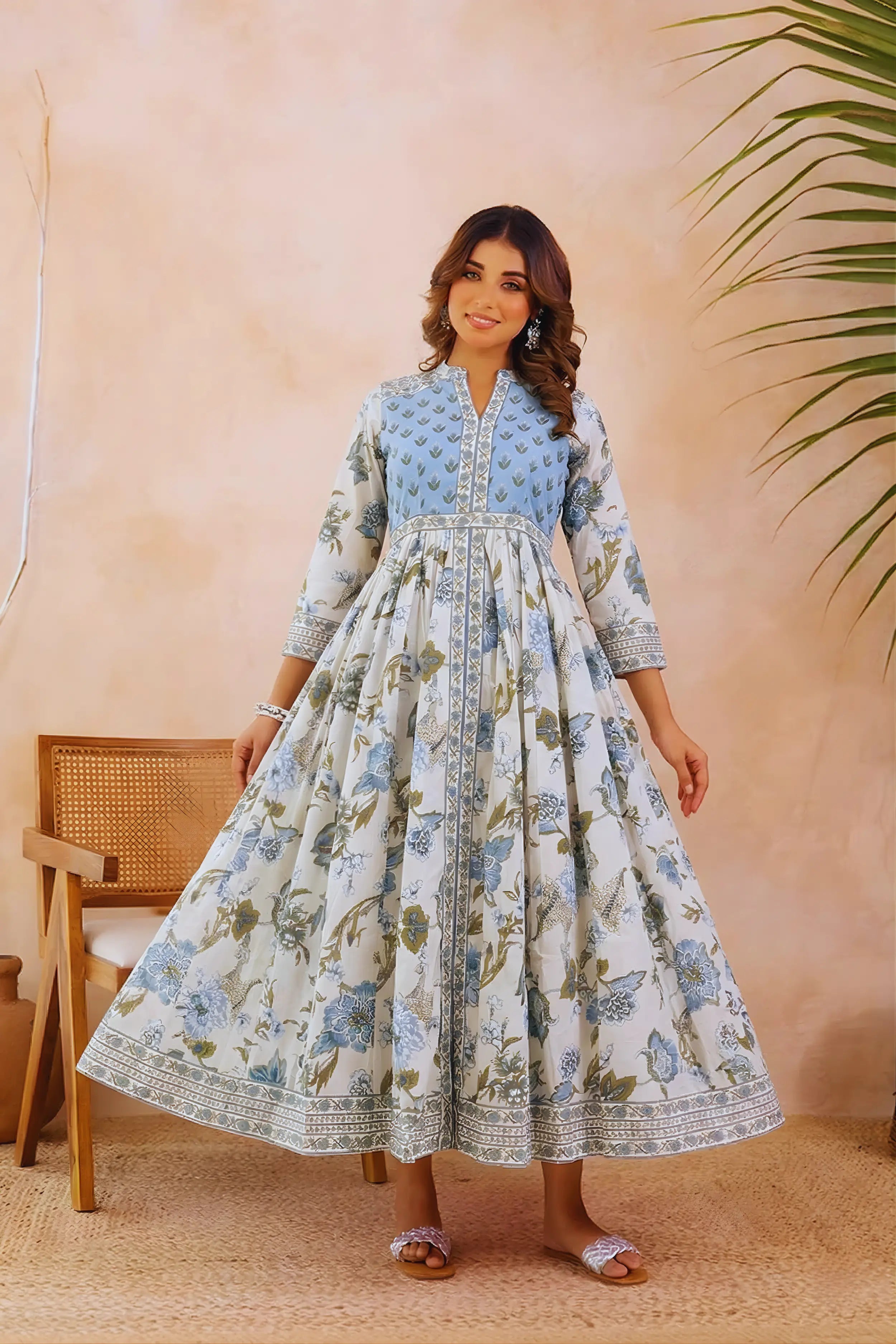 Sky Blue Anarkali Cotton Hand Block Printed Ethnic Maxi Dress