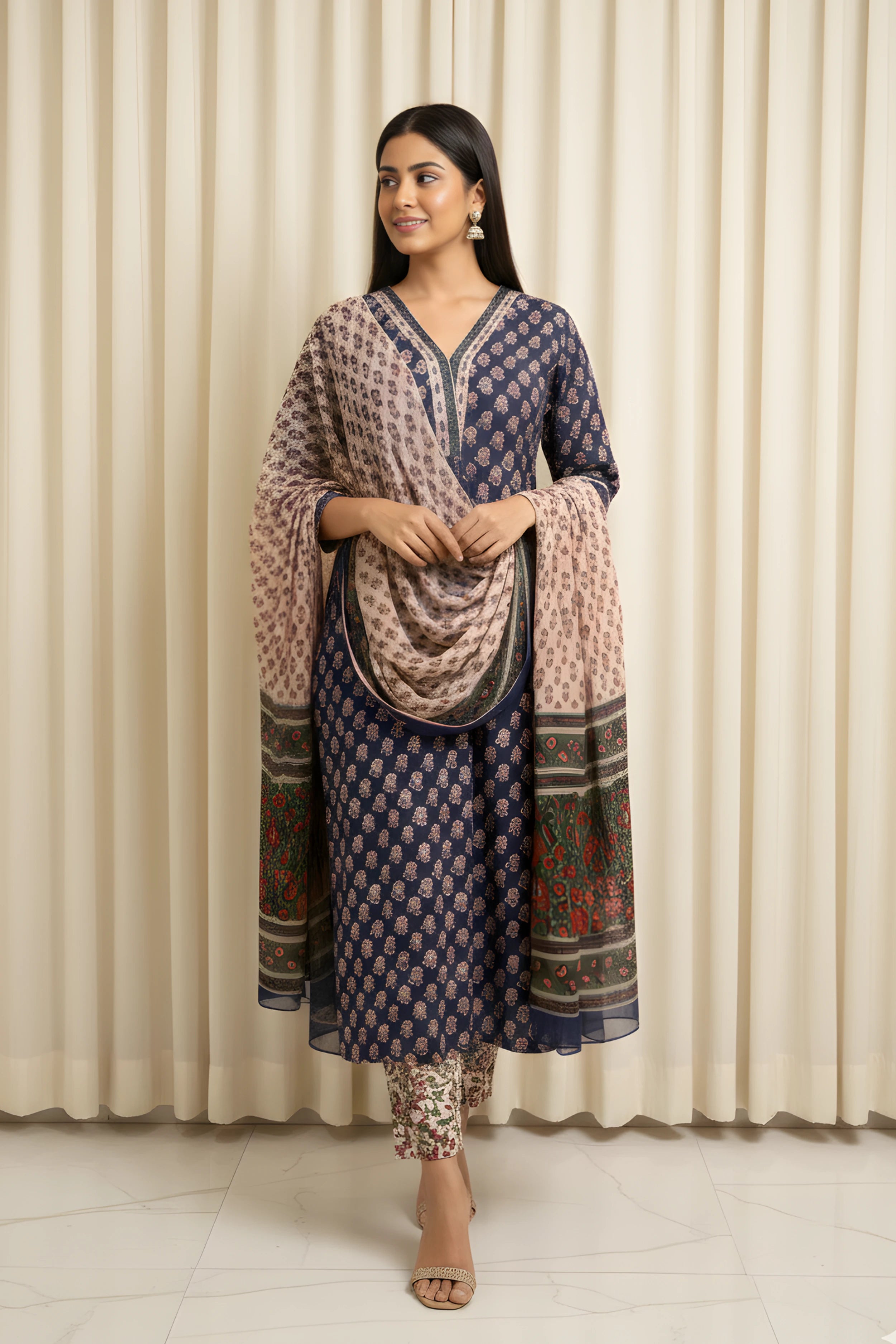 Royal Blue Hand Block Printed Straight Kurta Set with Dupatta