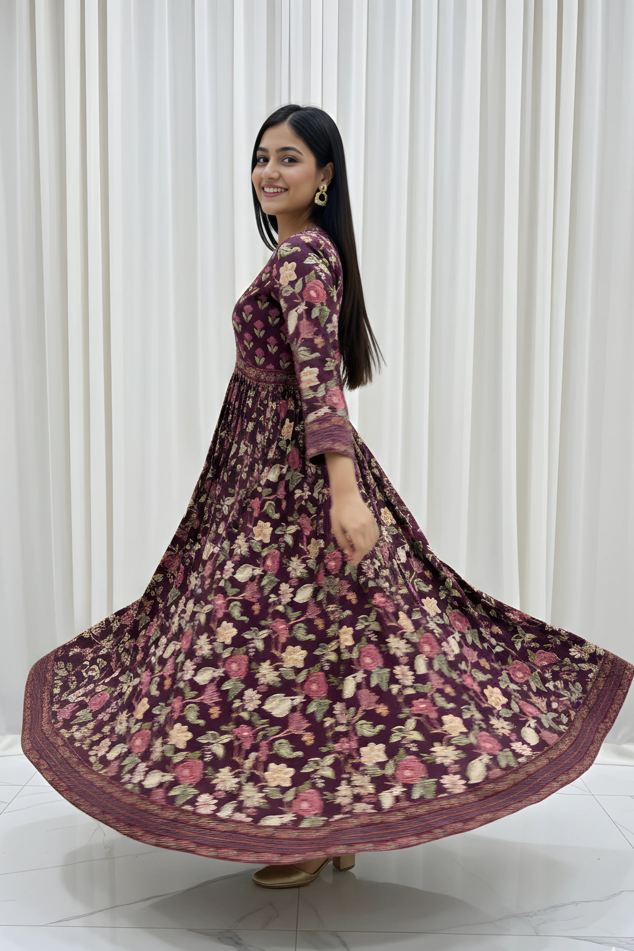 Burgundy Flared Anarkali Cotton Kurta with Floral Print