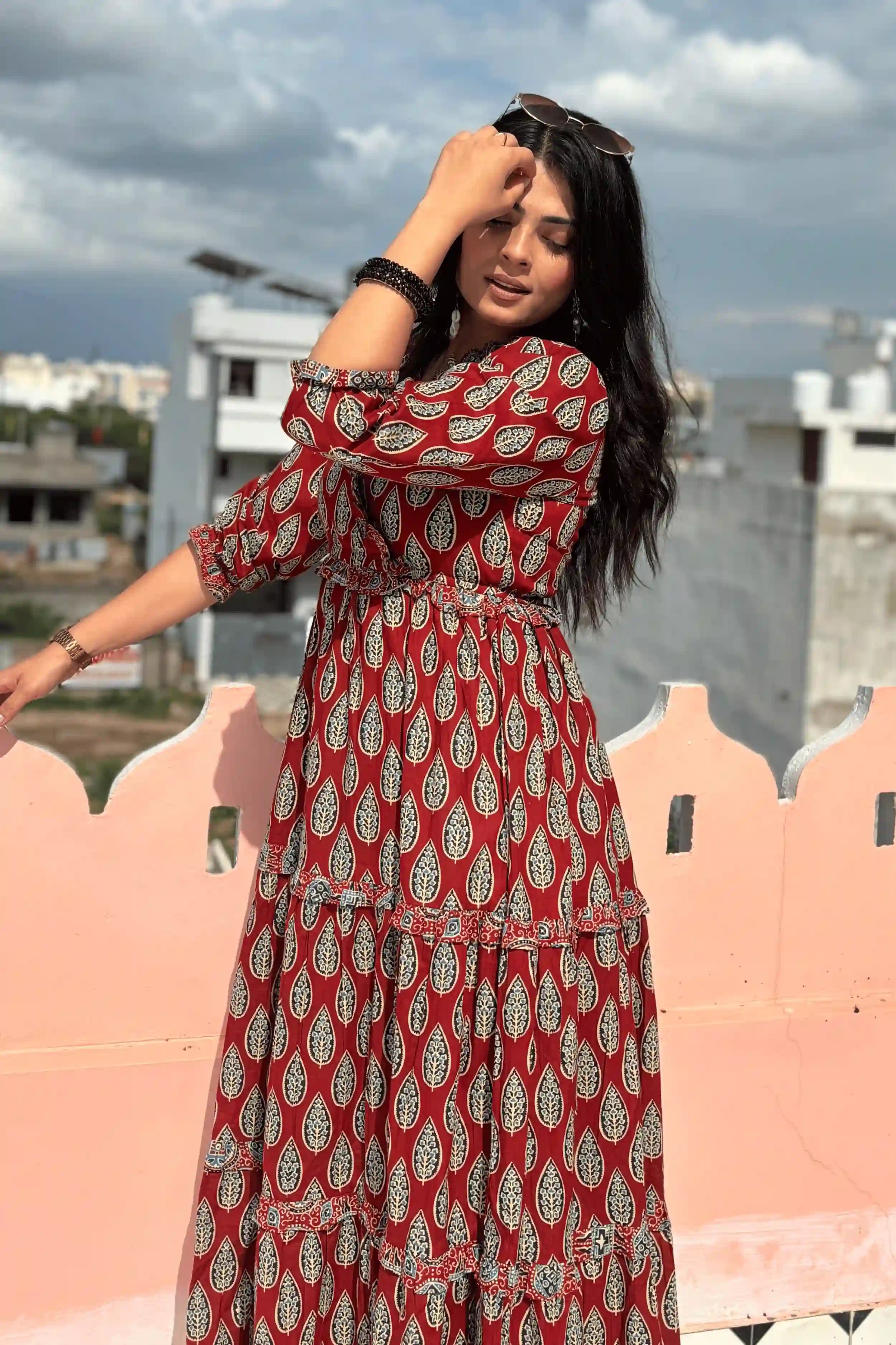Red Hand Printed Tiered Maxi Dress