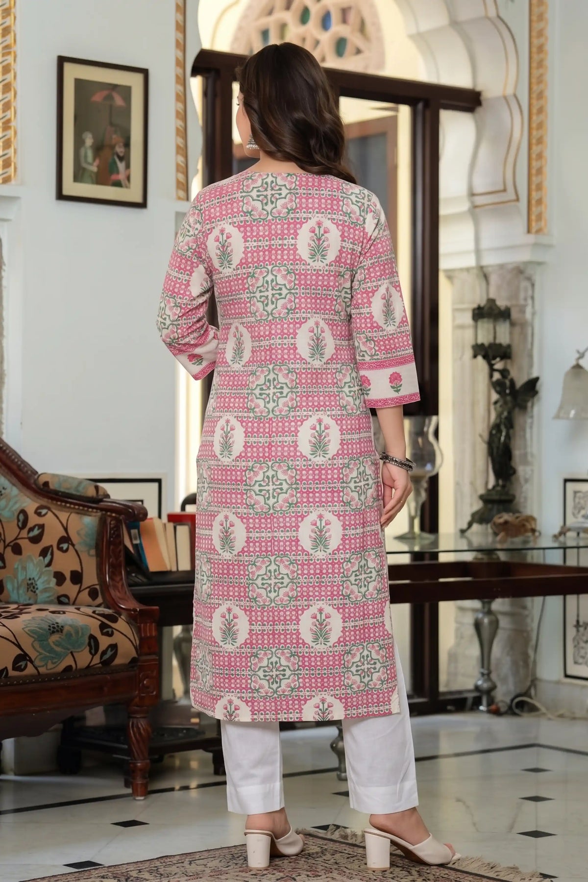 Pink Hand Printed Straight cotton Kurta