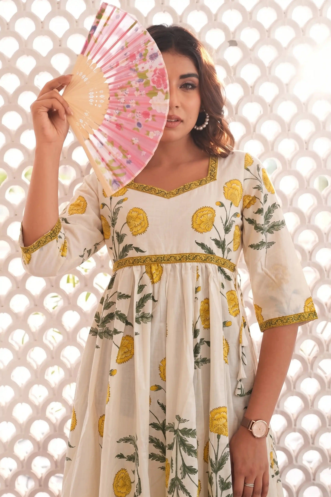Yellow Hand-Printed Anarkali Maxi Dress