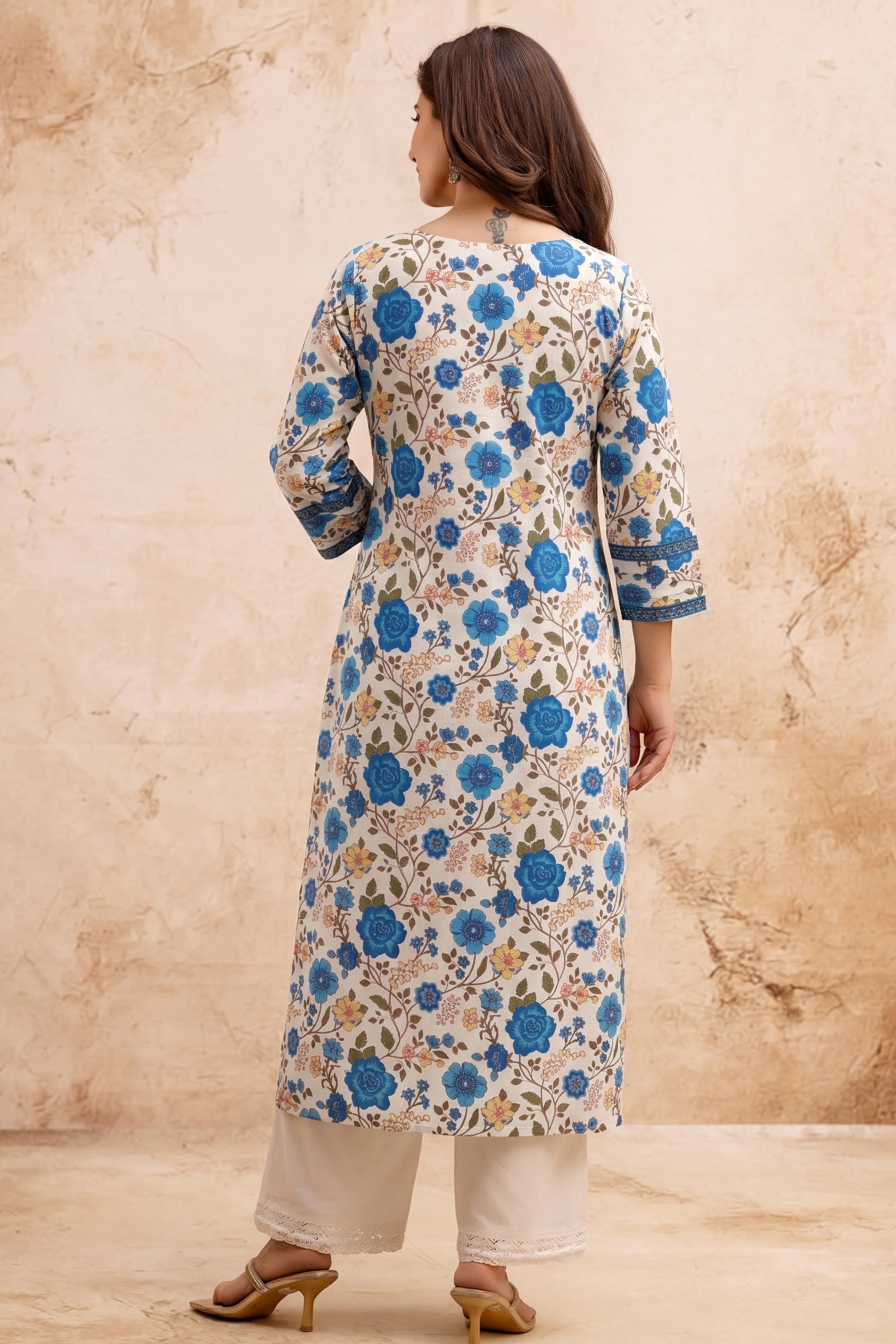 Blue Floral V-Neck Hand Printed Straight Kurta