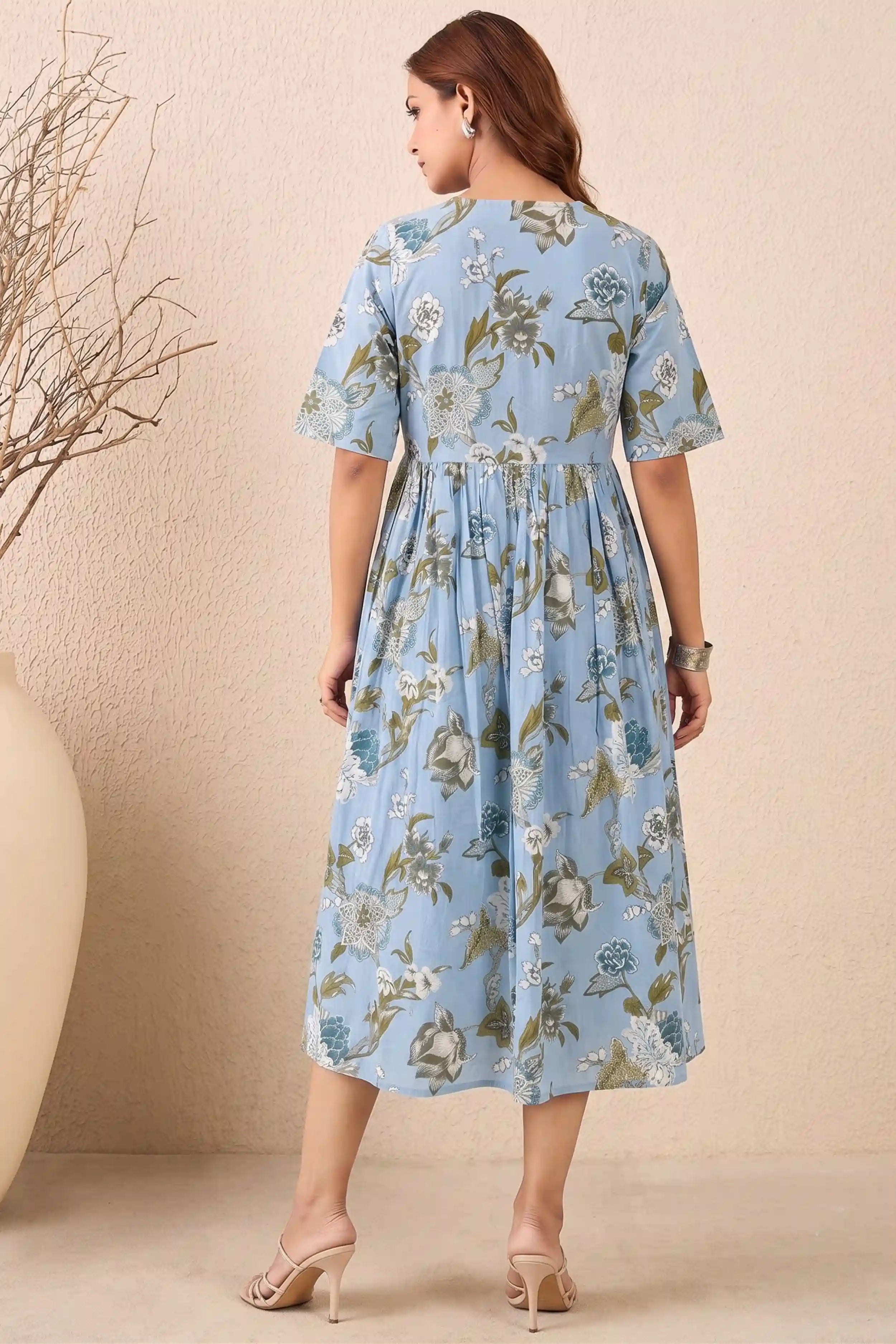 Blue Hand Printed V-Neck Midi Dress In Angrakha style