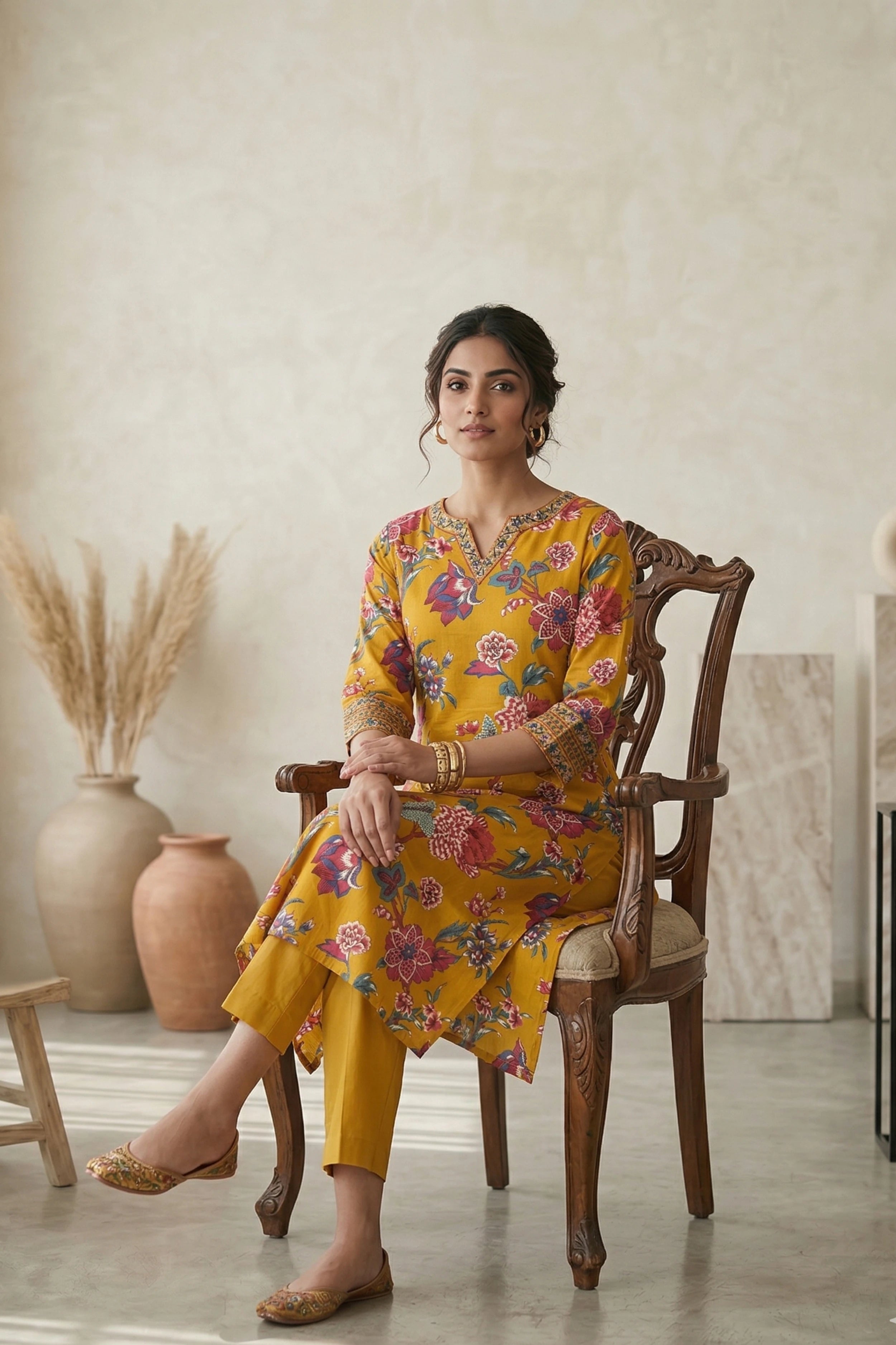 Mustard Floral Hand Printed Corset Back Straight Kurta