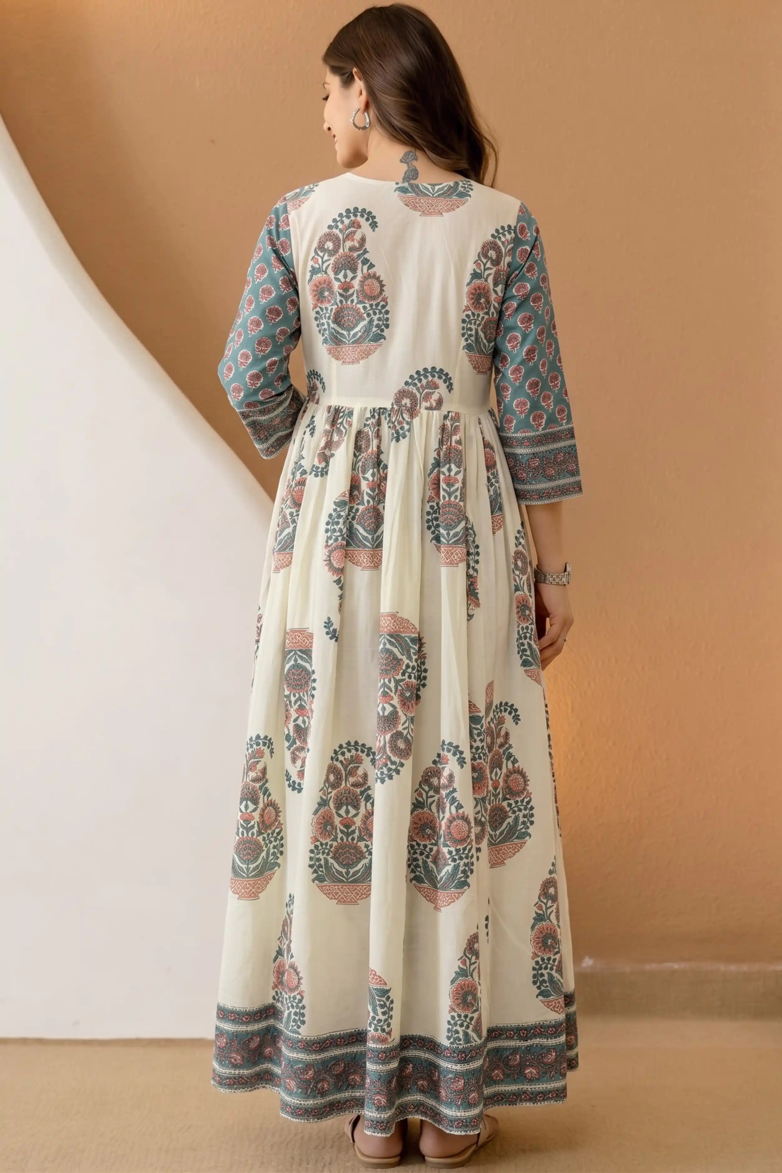 Sea Green Hand Block Floral Printed Anarkali Maxi Dress