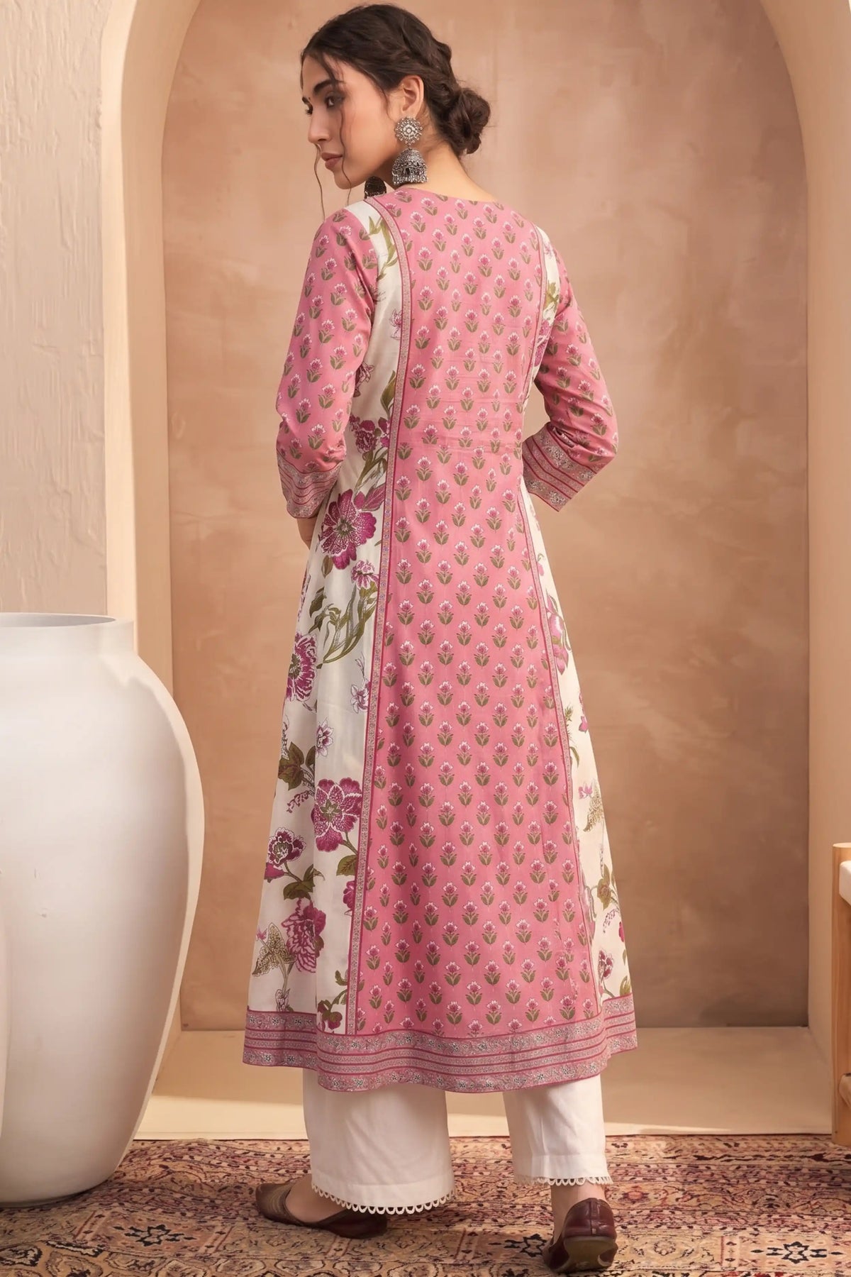 Light Pink Hand Printed A-line Kurta