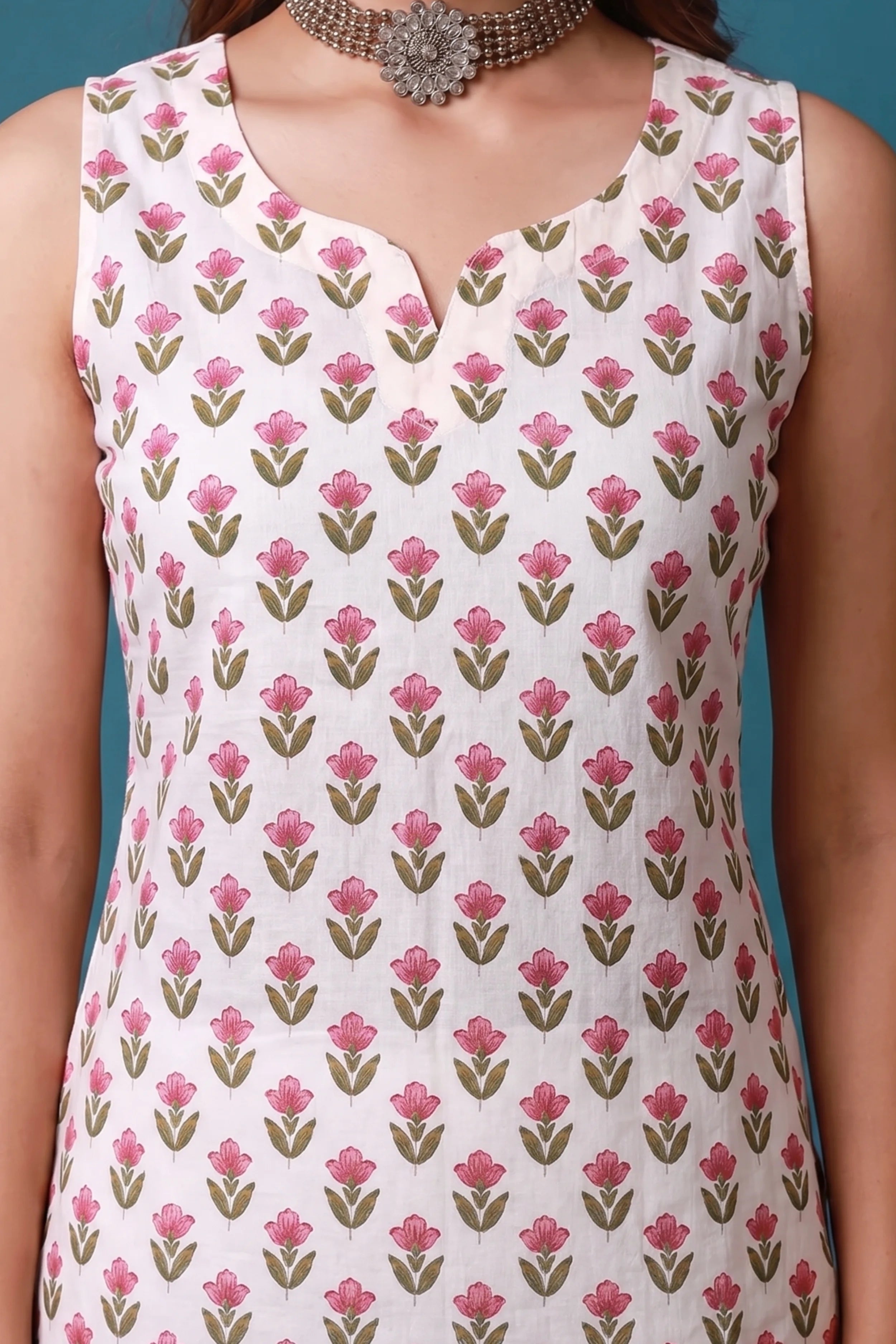 Pink Hand Printed Sleeveless Straight Kurta