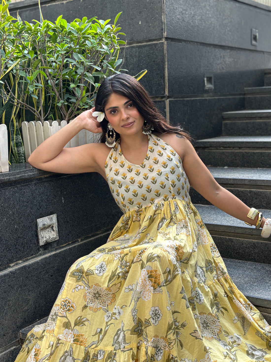 Yellow Floral Hand Printed Halter Maxi Dress