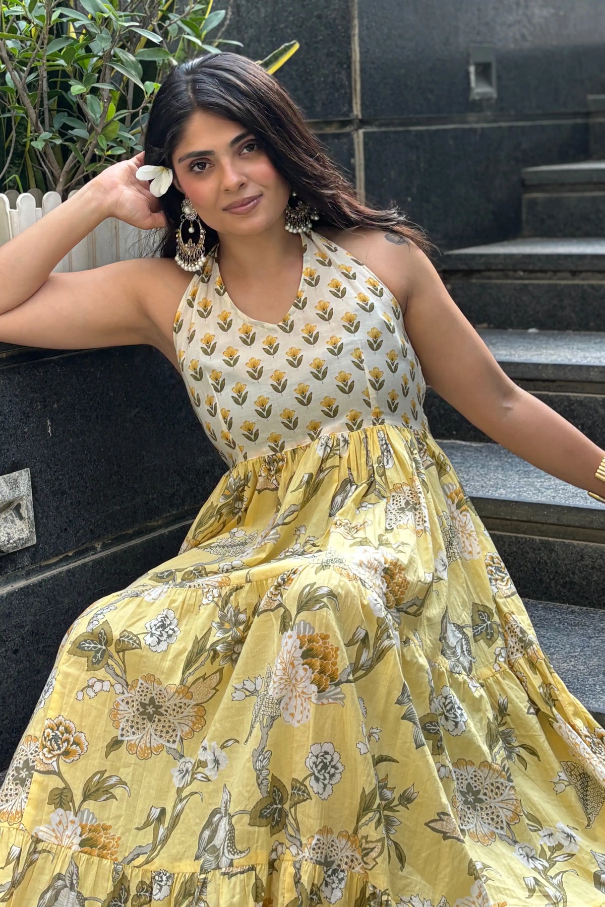 Yellow Floral Hand Printed Halter Maxi Dress