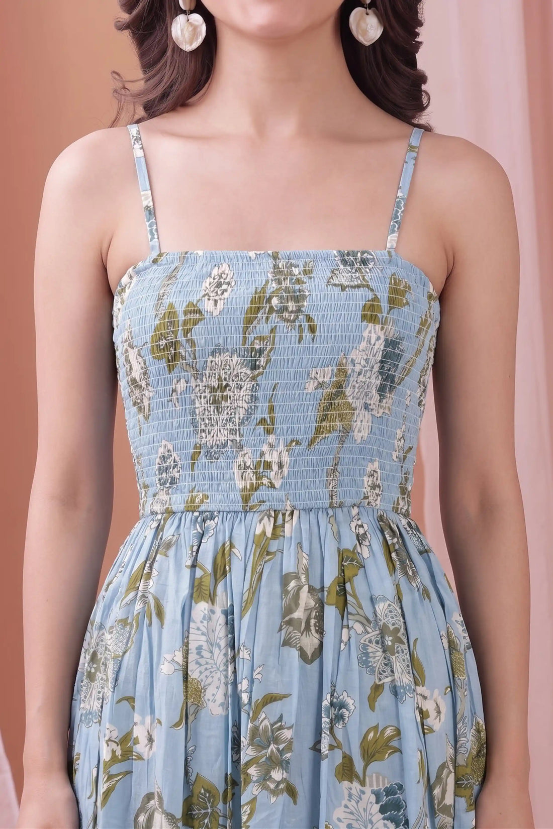 Blue Square Neck Hand Printed Spaghetti Midi Dress