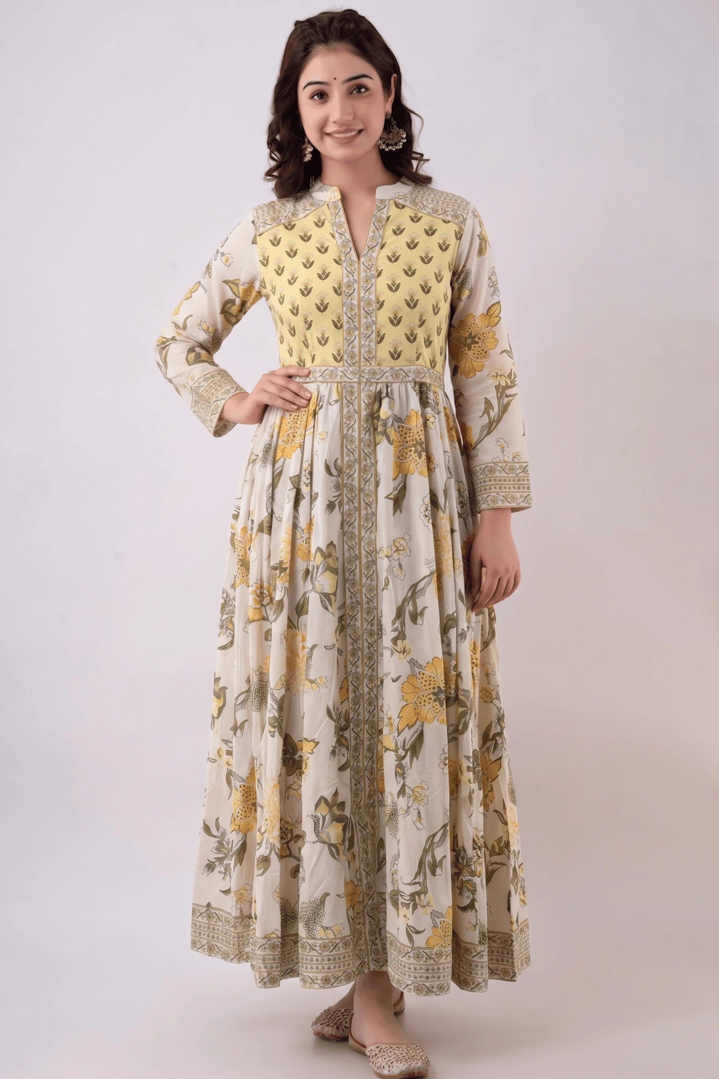 Cream Yellow Anarkali Cotton Hand Block Printed Ethnic Maxi Dress