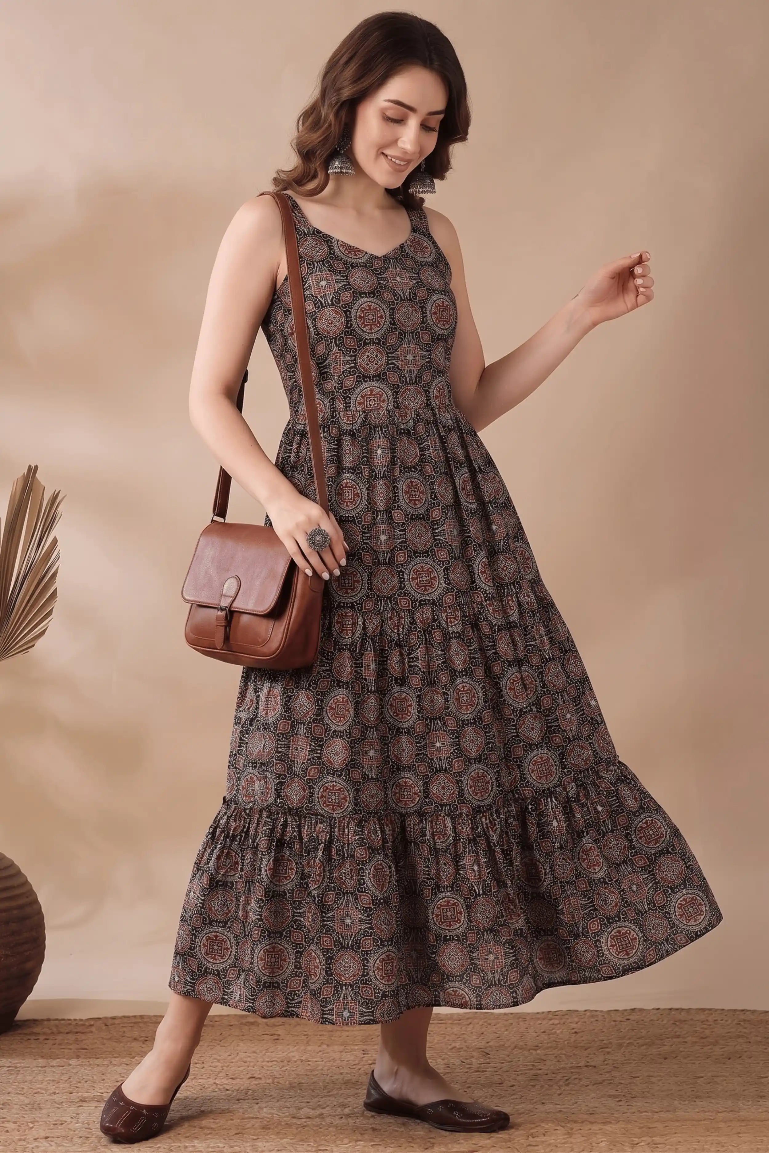 Black Printed cotton Sleeveless Flared Dress