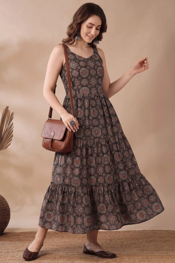 Black Printed cotton Sleeveless Flared Dress