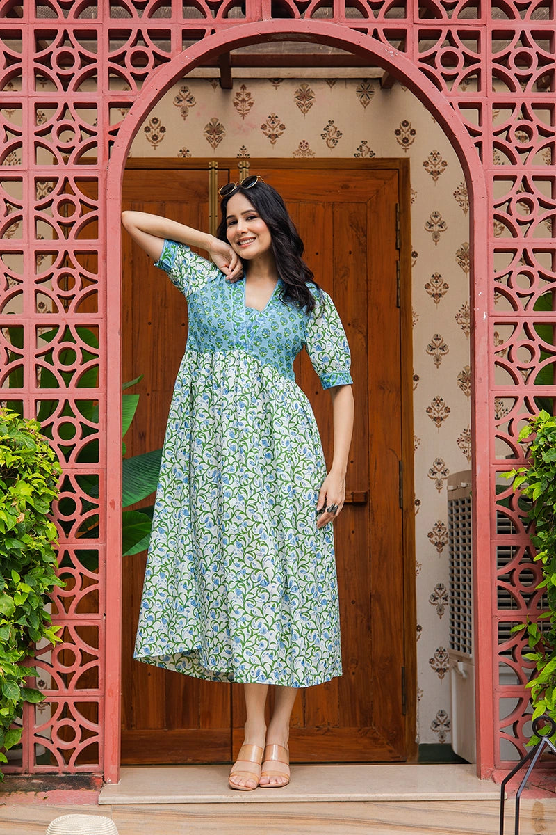 Blue Floral Printed V-Neck Gathered Detailed Cotton A-Line Midi Ethnic Dress