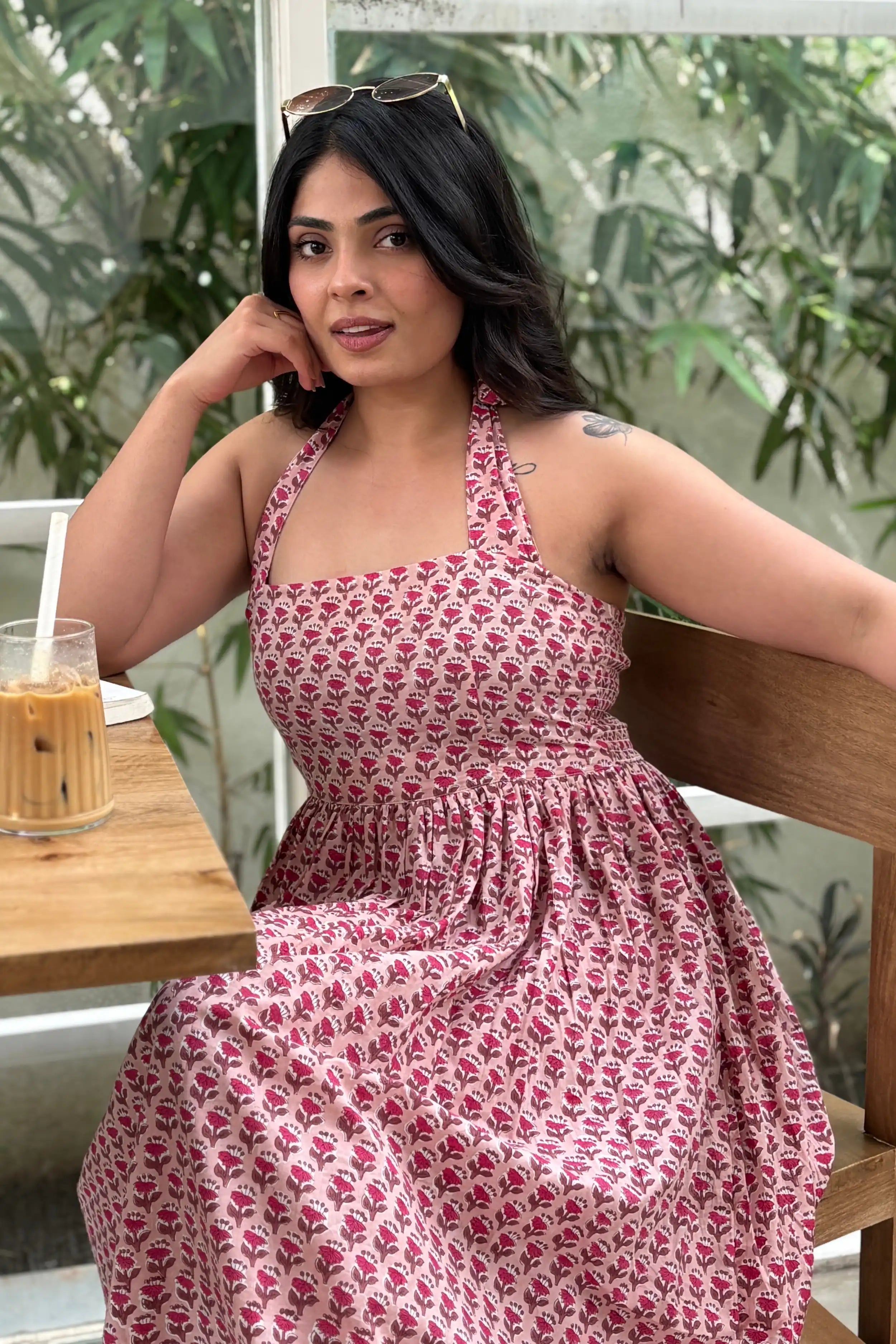 Dusty Rose Hand-Block Print Halter Neck Midi Dress