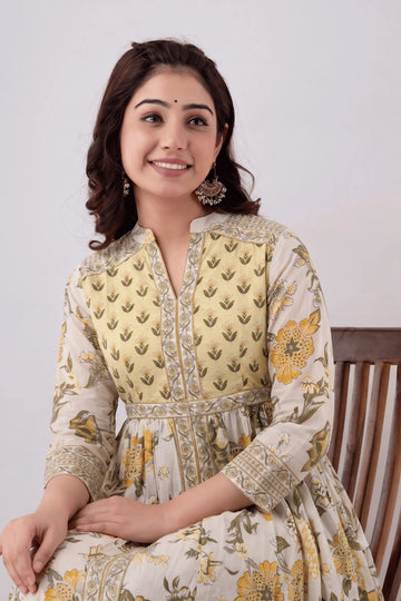 Cream Yellow Anarkali Cotton Hand Block Printed Ethnic Maxi Dress