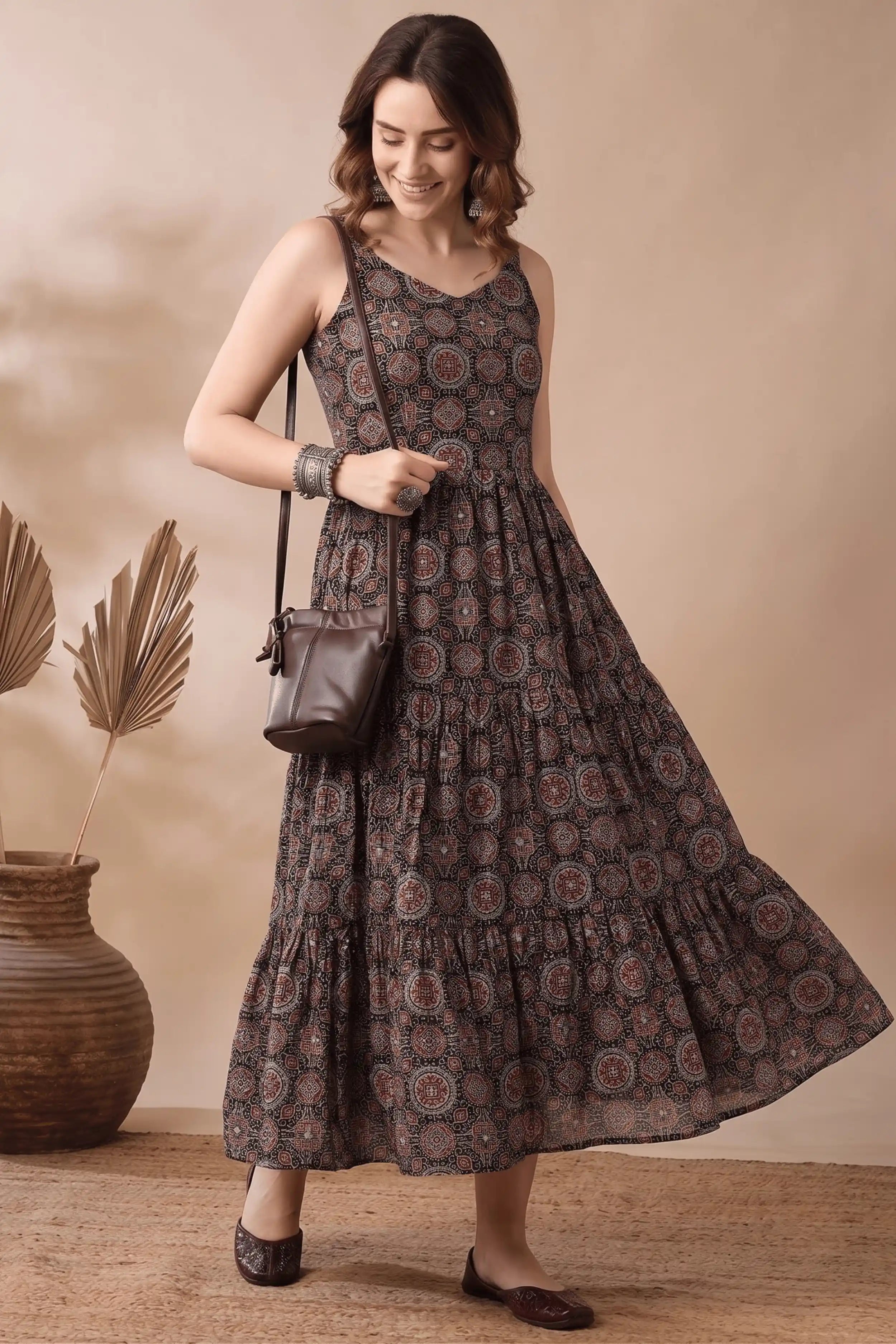 Black Printed cotton Sleeveless Flared Dress