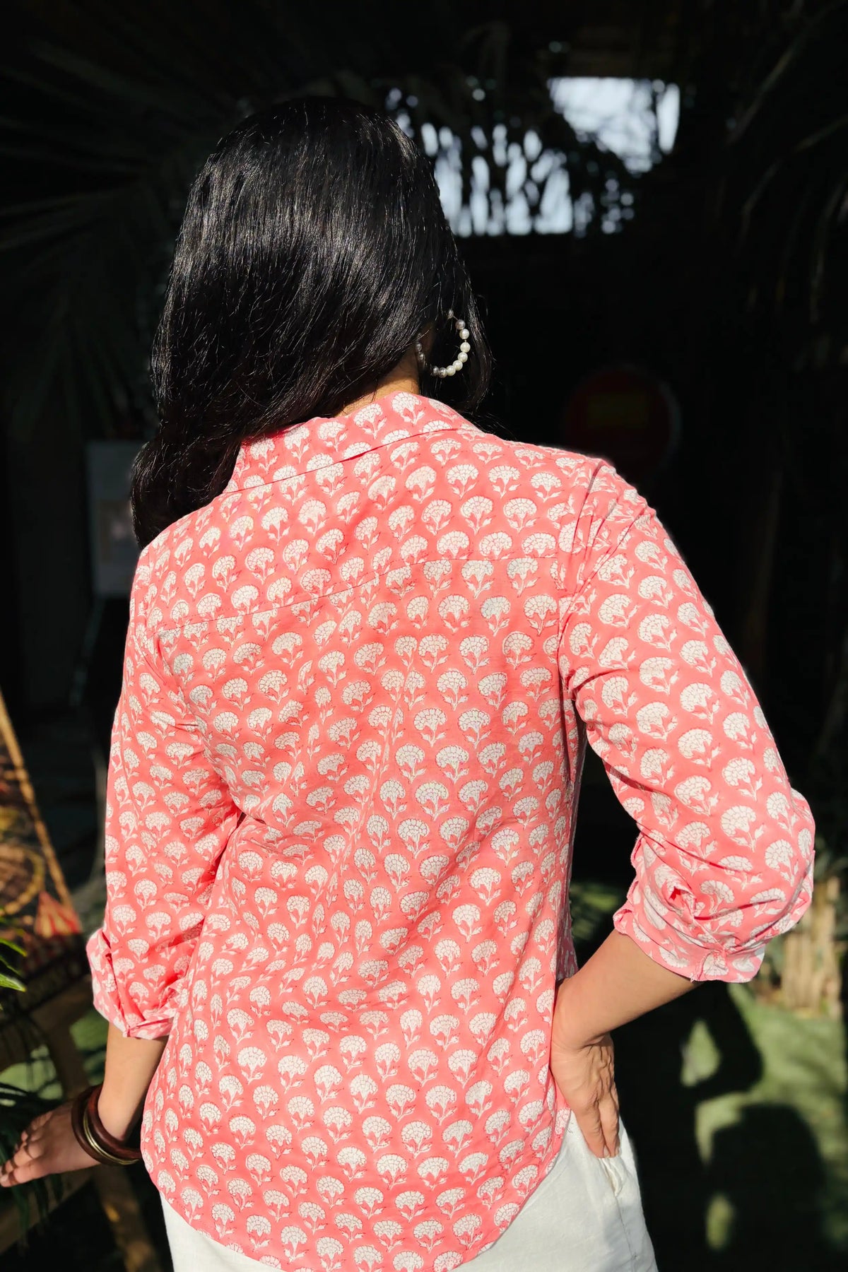 Peach Pink Hand Block Printed Collared Shirt