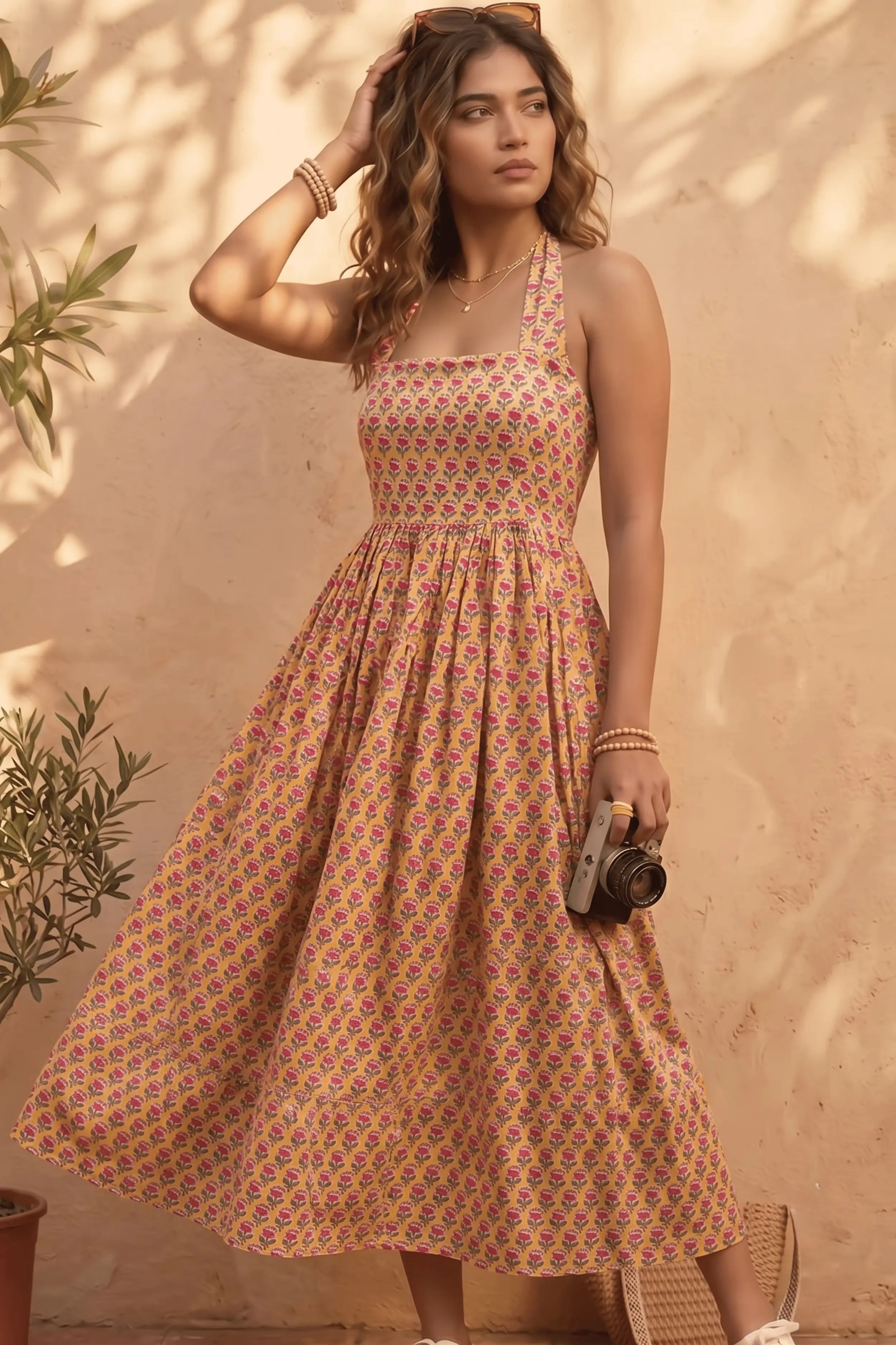 Yellow Hand-Block Print Halter Neck Midi Dress