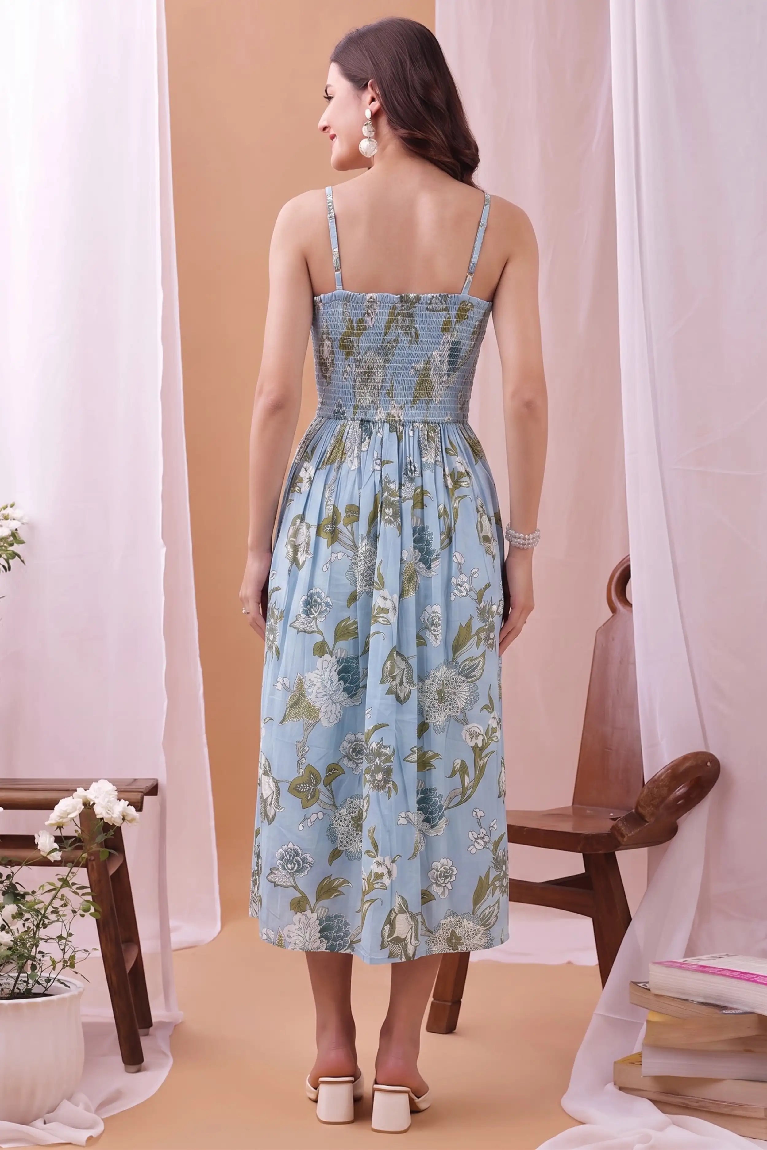 Blue Square Neck Hand Printed Spaghetti Midi Dress