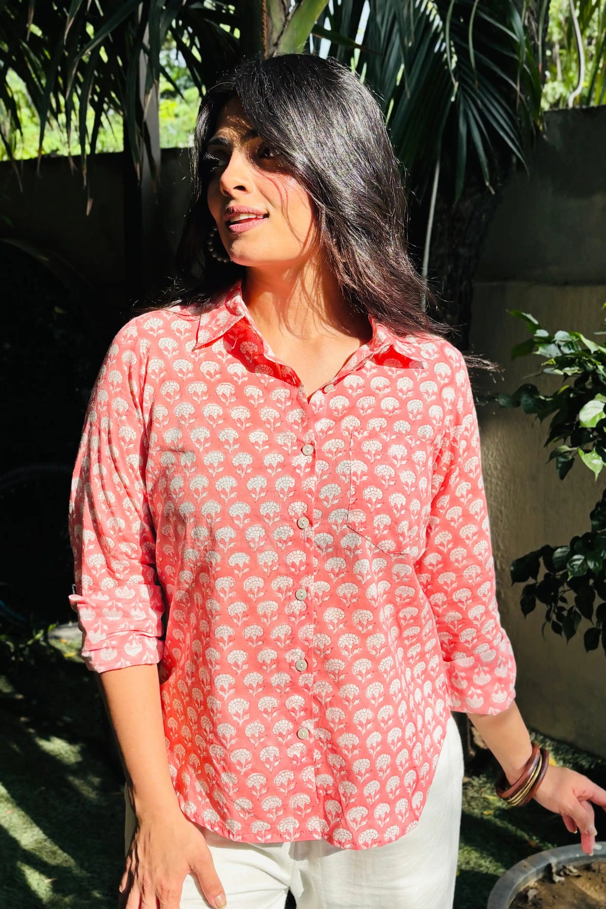 Peach Pink Hand Block Printed Collared Shirt