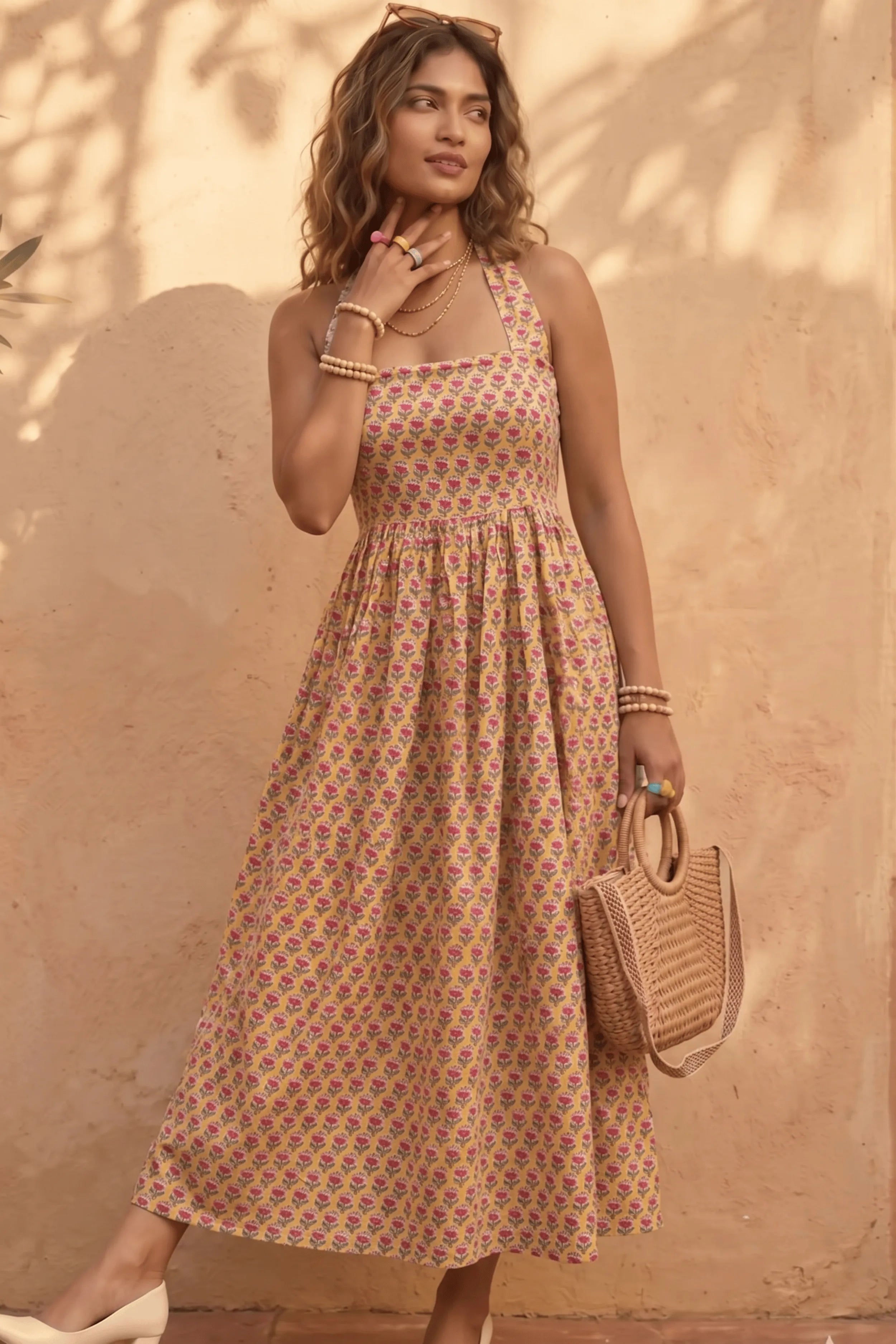 Yellow Hand-Block Print Halter Neck Midi Dress