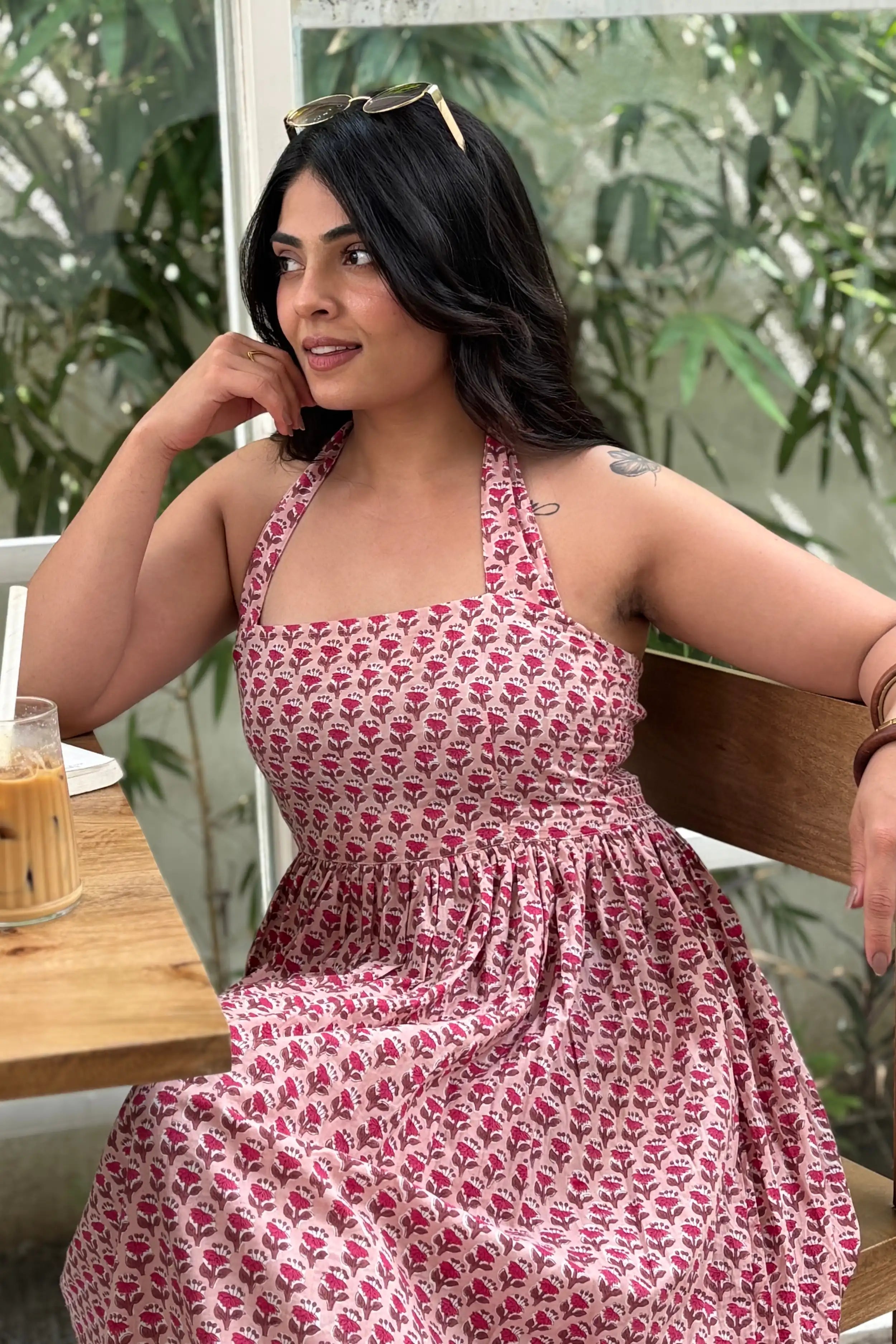 Dusty Rose Hand-Block Print Halter Neck Midi Dress