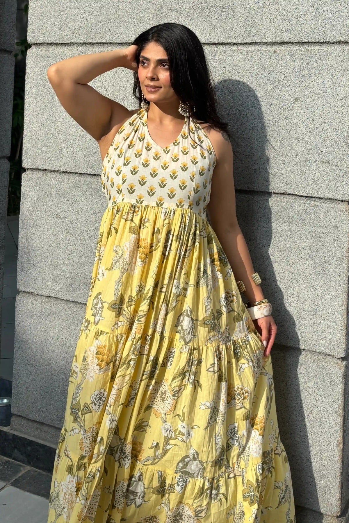 Yellow Floral Hand Printed Halter Maxi Dress