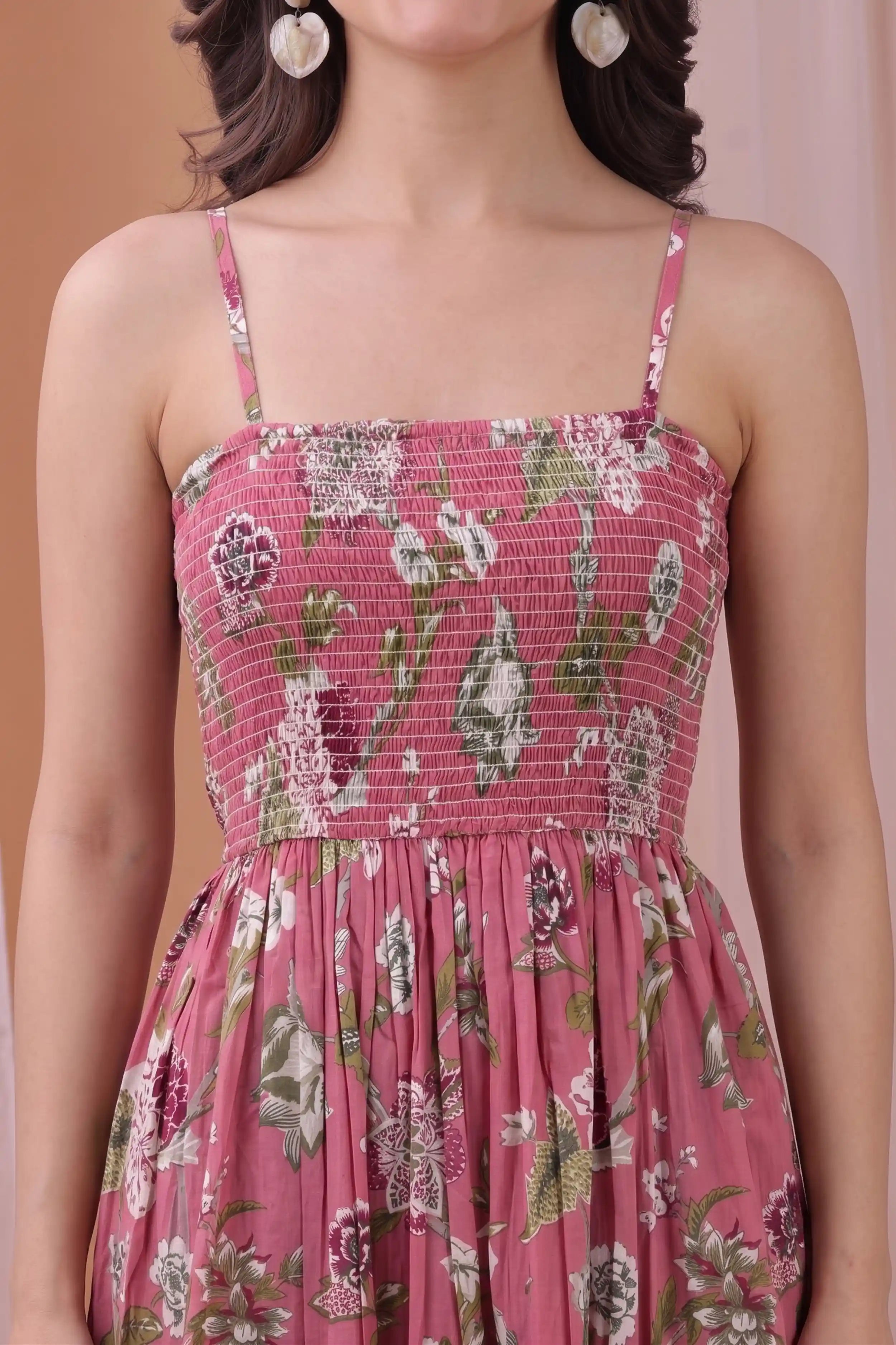 Pink Square Neck Hand Printed Spaghetti Midi Dress