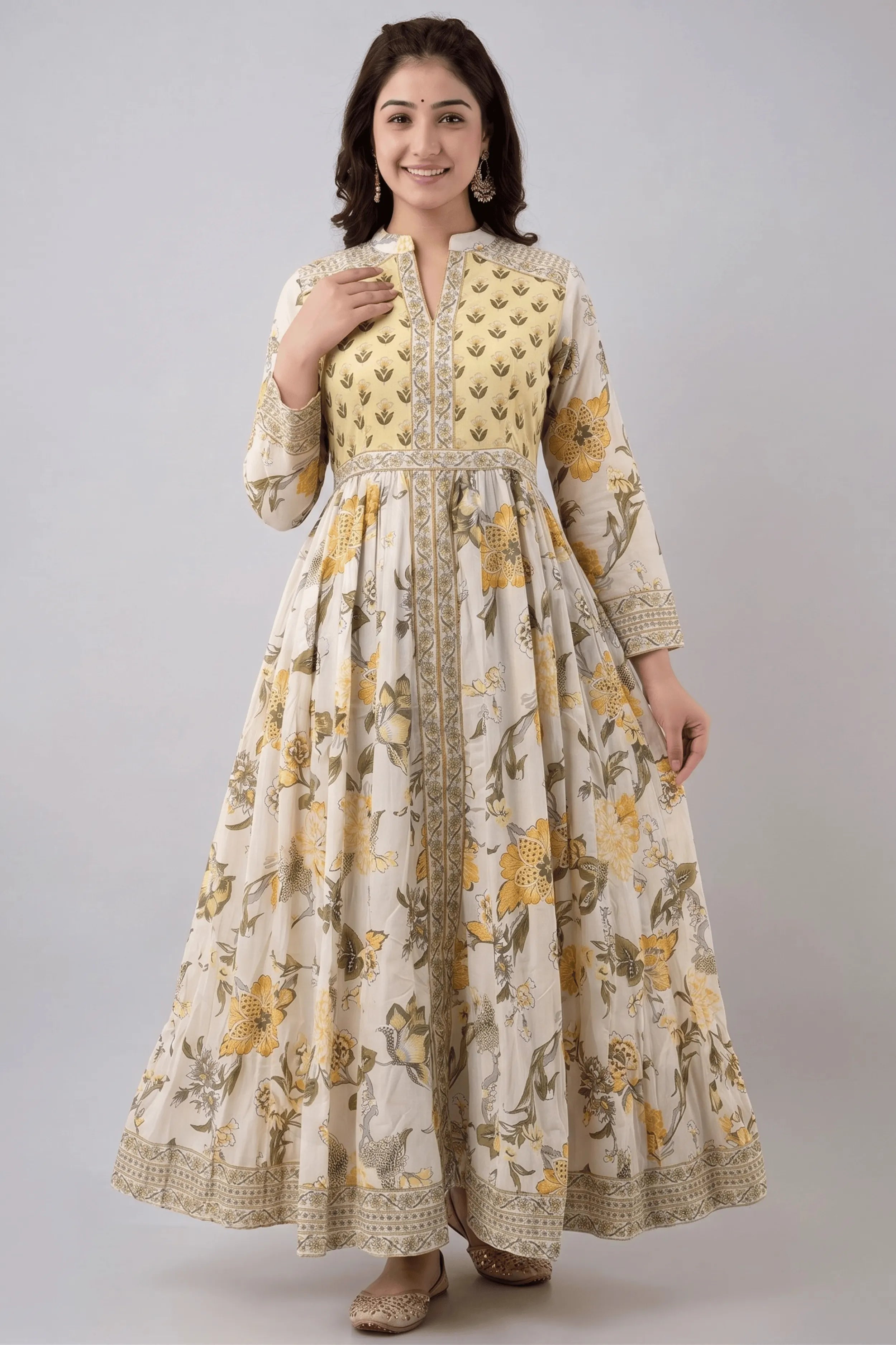 Cream Yellow Anarkali Cotton Hand Block Printed Ethnic Maxi Dress